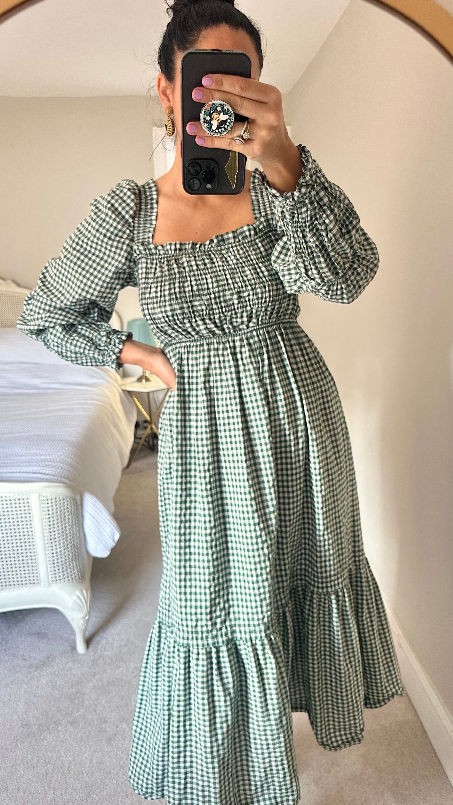 Topshop Green white gingham check shirred cotton blend check midi dress medium UK 14