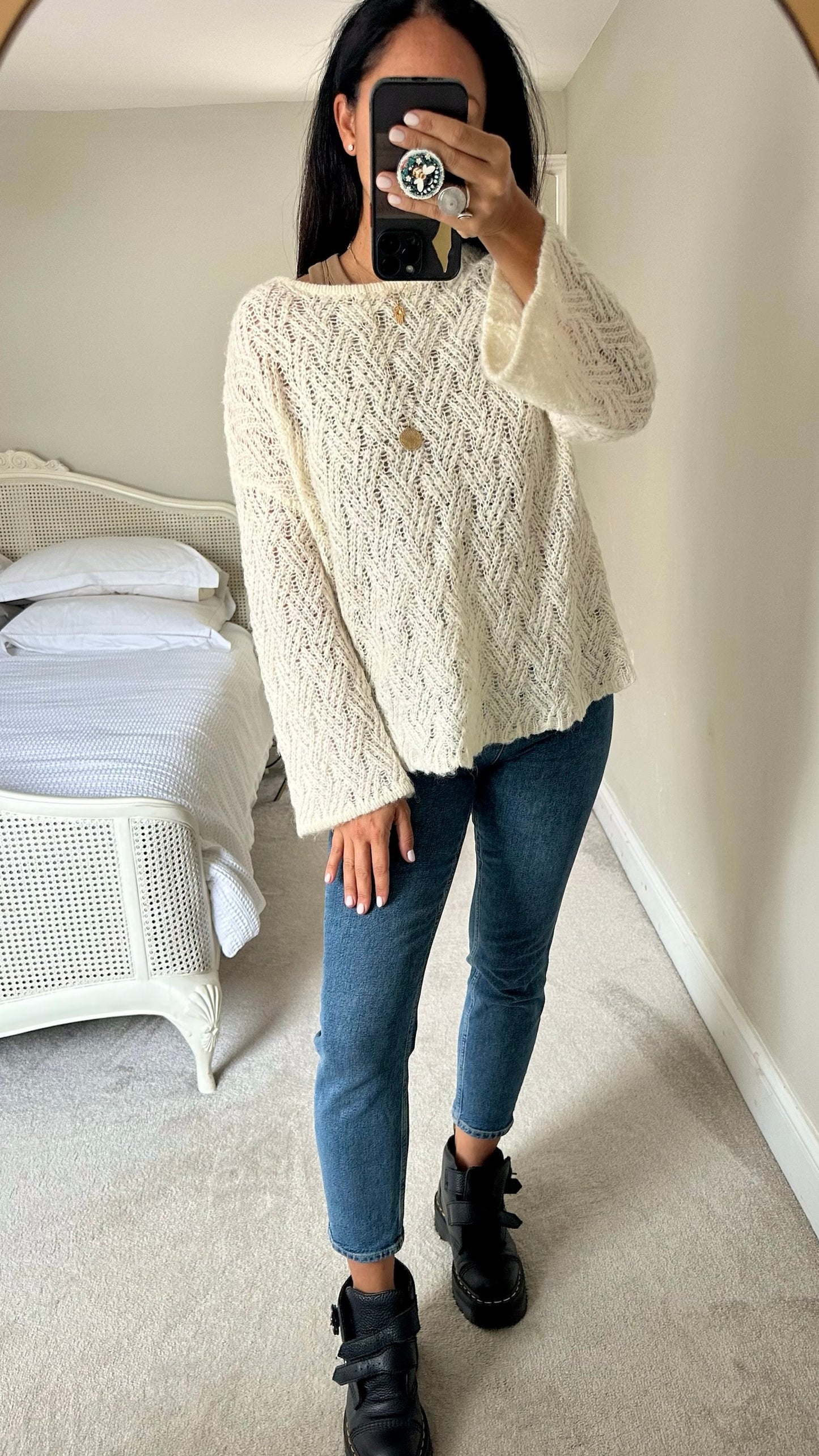 Numph @ Anthropologie white cream crochet knitted jumper medium UK 10 vgc w25