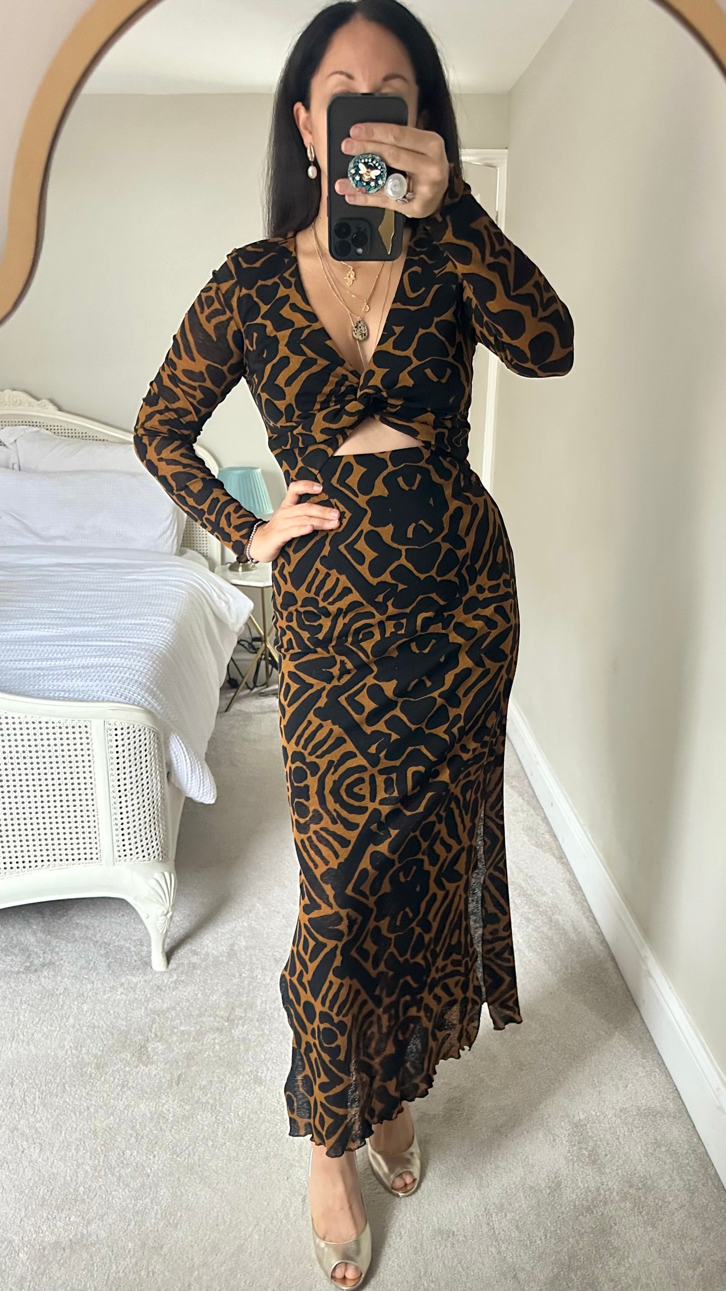 Topshop tall animal print maxi midi dress medium large UK 10-12 black orange yellow mustard vgc