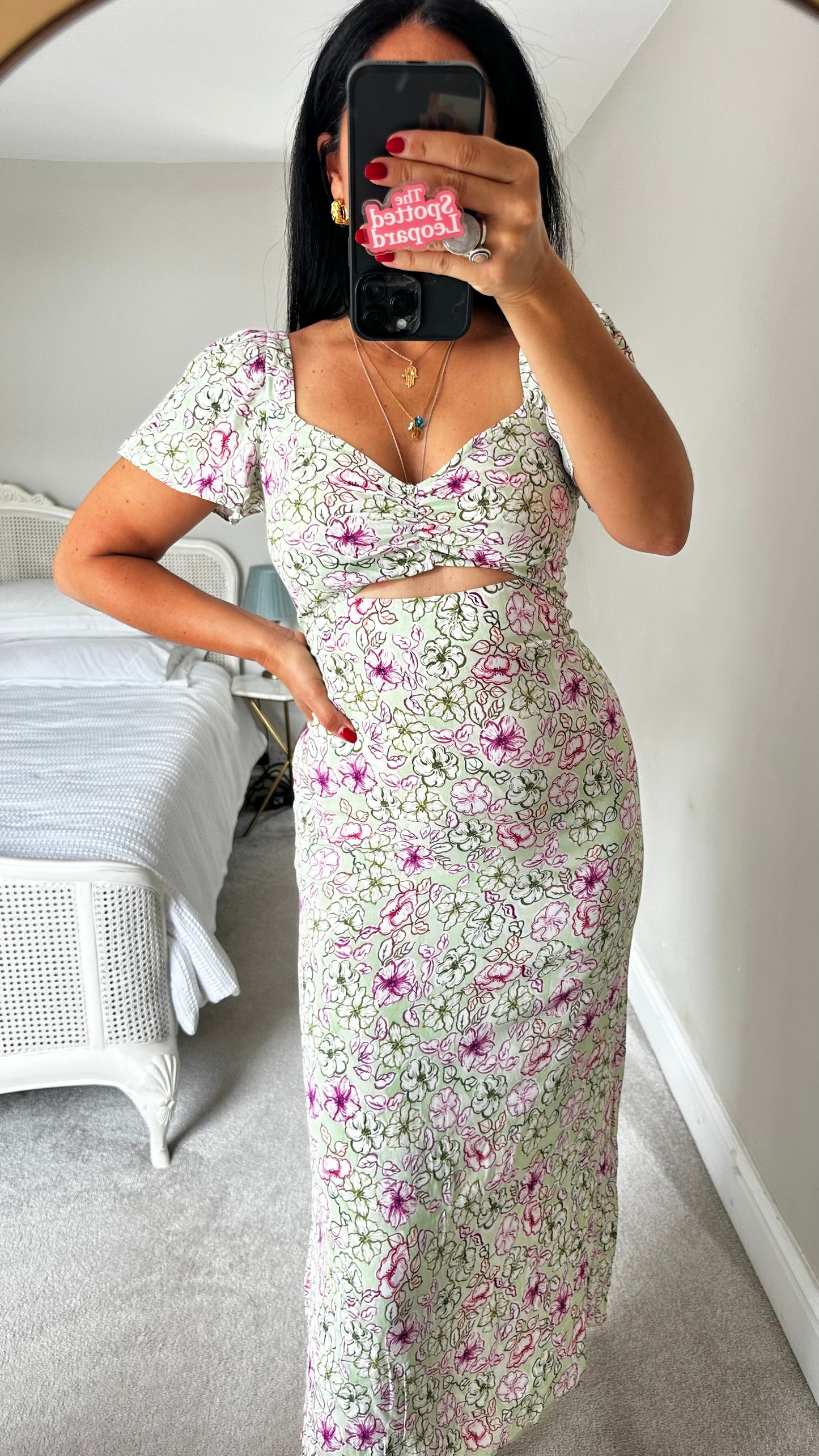 Zara green pink floral cut out midi dress small UK 8-10 vgc