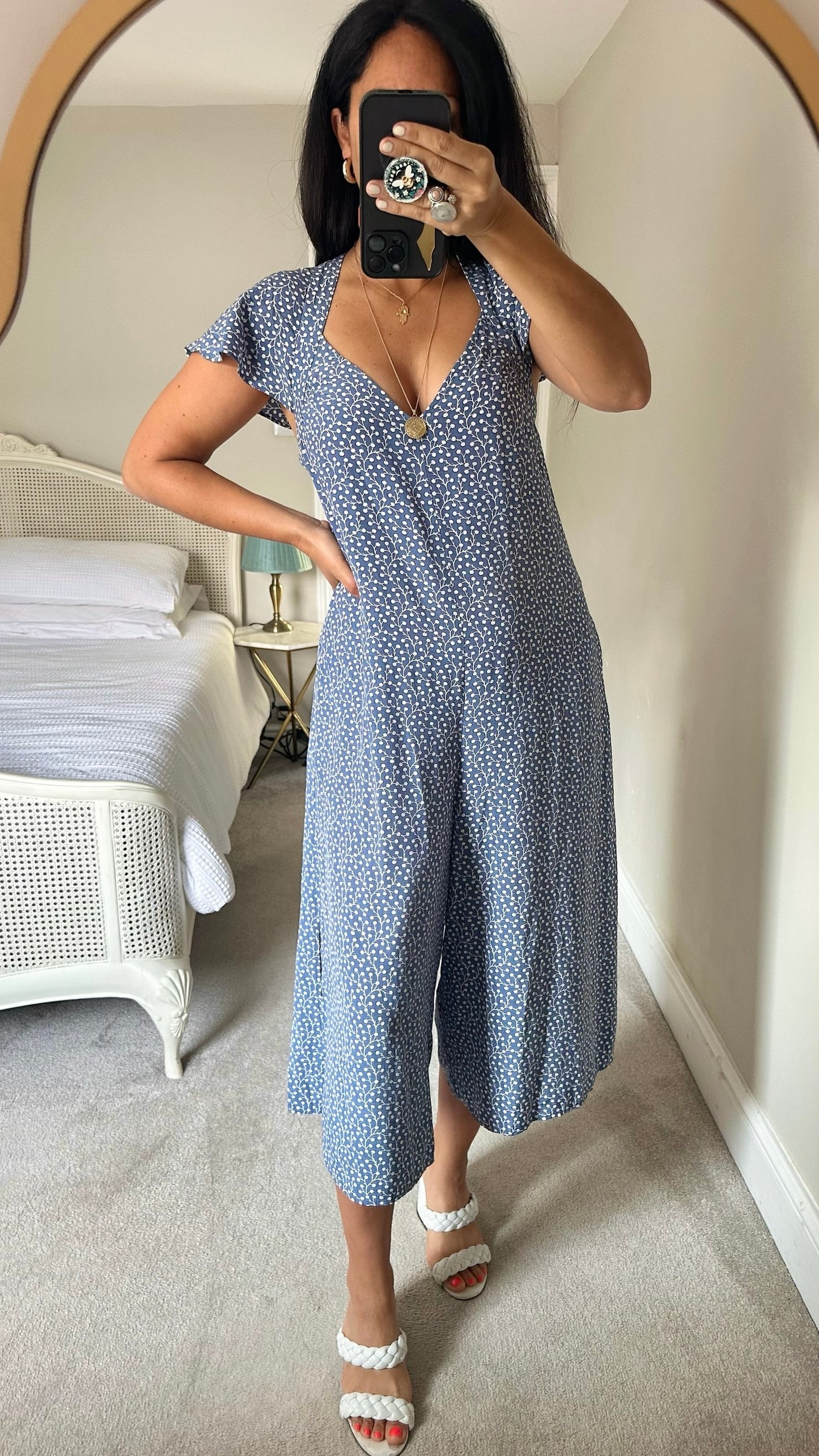 French connection blue white cornflower culotte flutter sleeve crop jumpsuit medium M UK 10