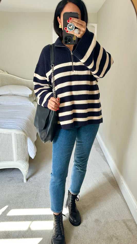 & other stories navy blue beige stripe knitted jumper large UK 12 vgc w25