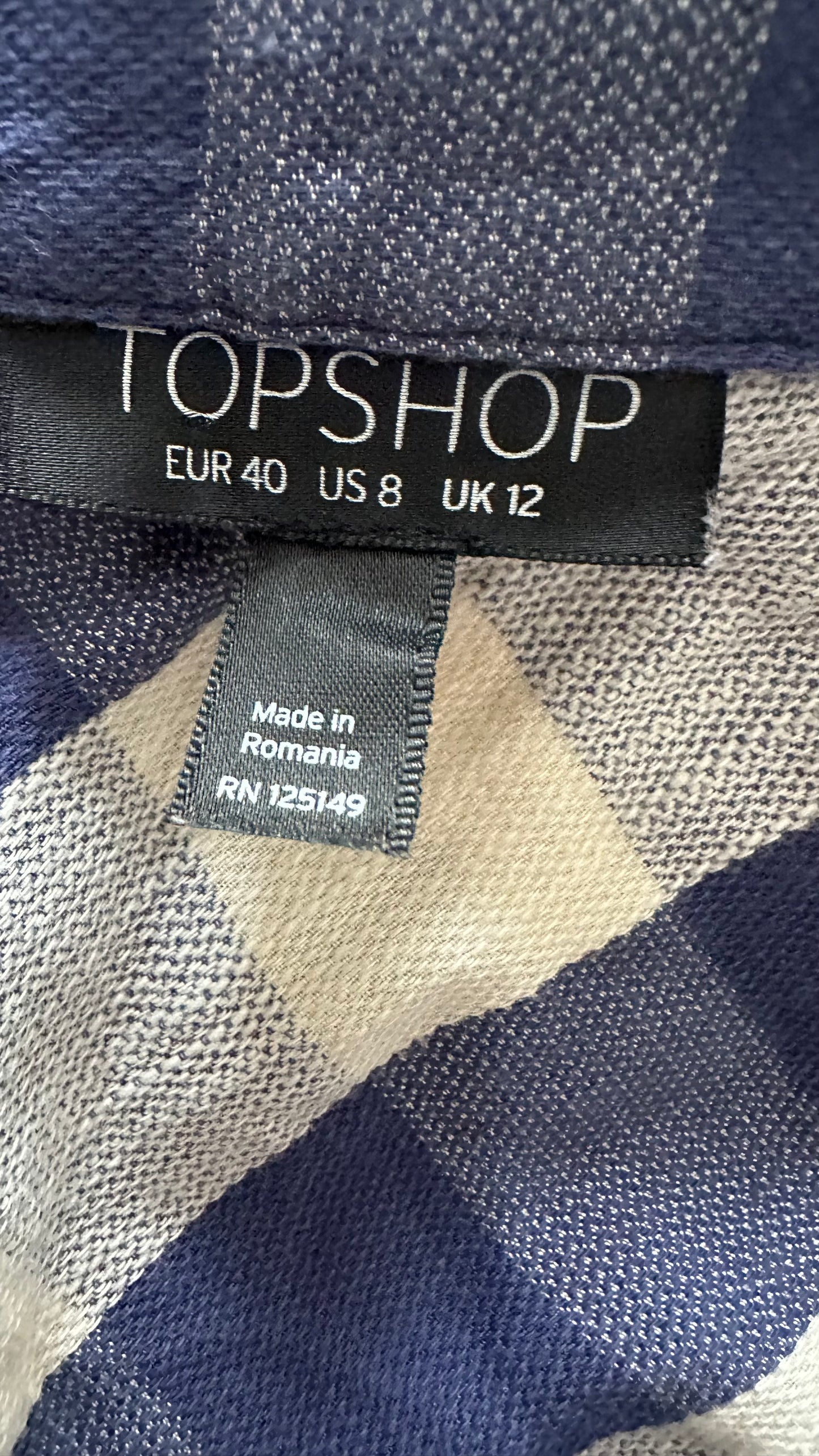 Topshop navy blue cream gingham shirt dress mini medium UK 12 vgc