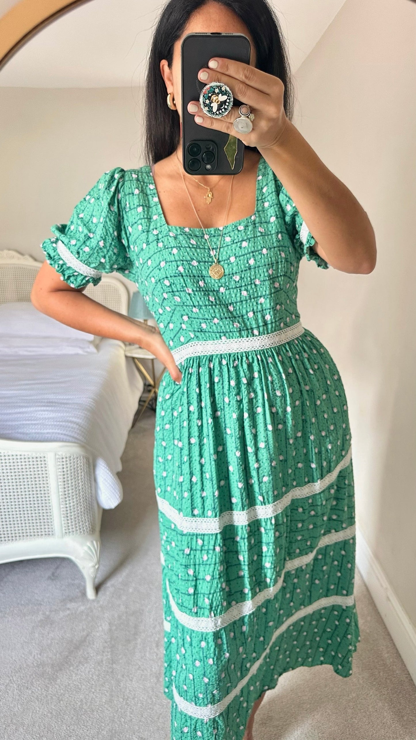 Oliver bonas green pink petal tiered midaxi long dress medium UK 14 vgc