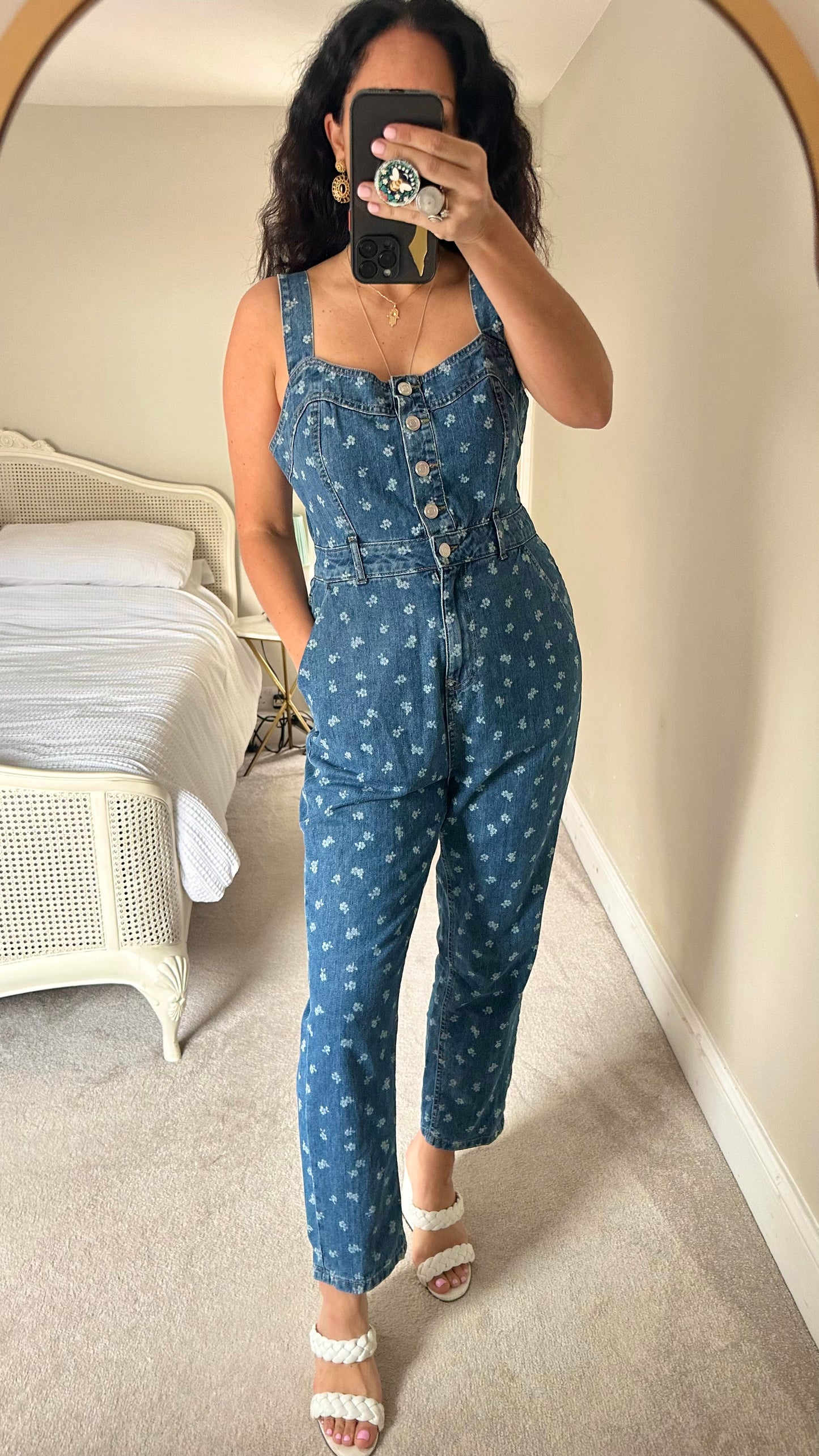 Nobody’s Child denim jeans button up dungaree jumpsuit playsuit suit floral medium extra large UK 10 14