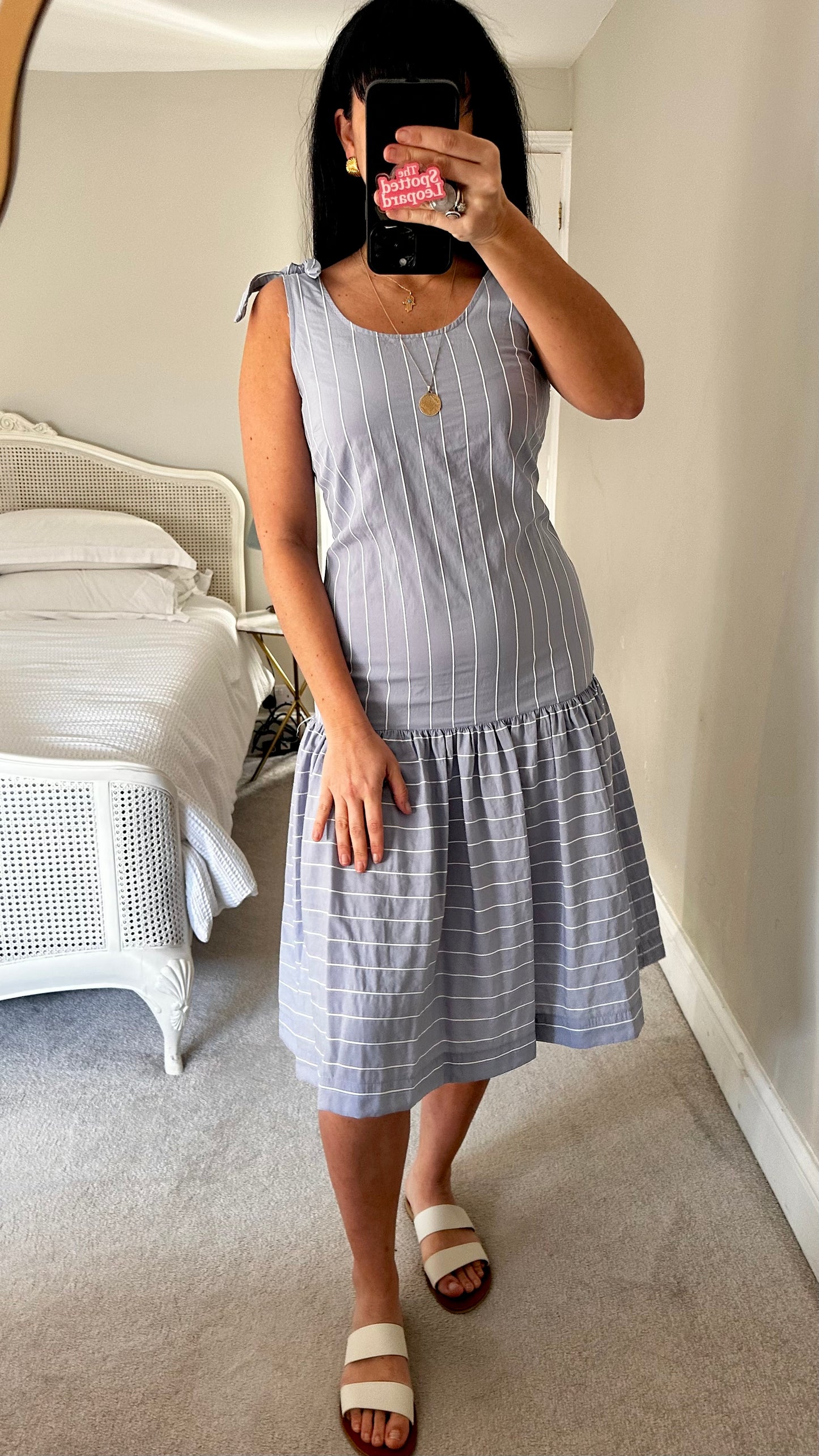 Oliver Bonas light blue white stripe slip midi holiday dress small UK 10 vgc