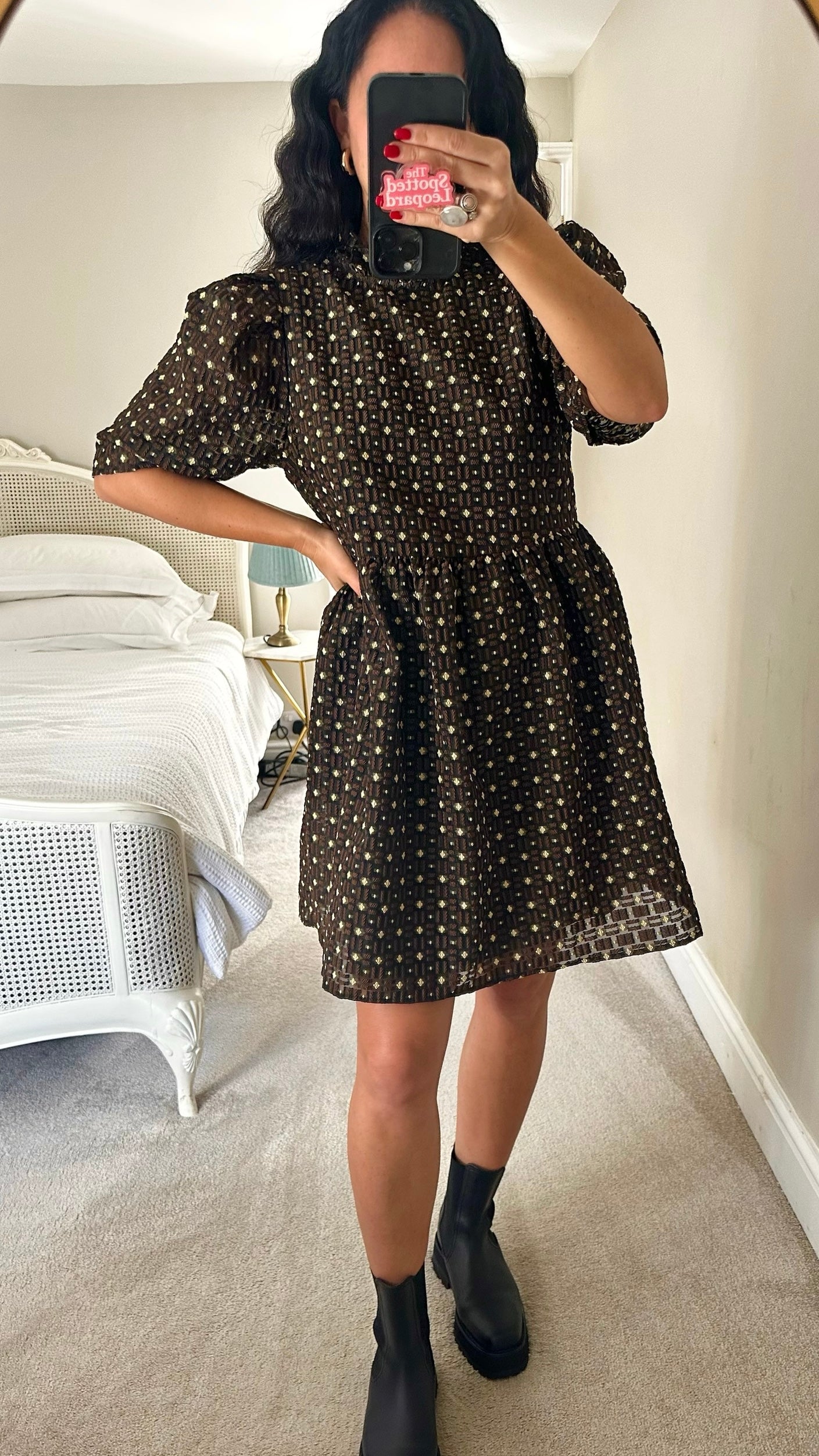 Selected femme @ anthropologie brown gold black mini event dress large UK 12 vgc XMS25