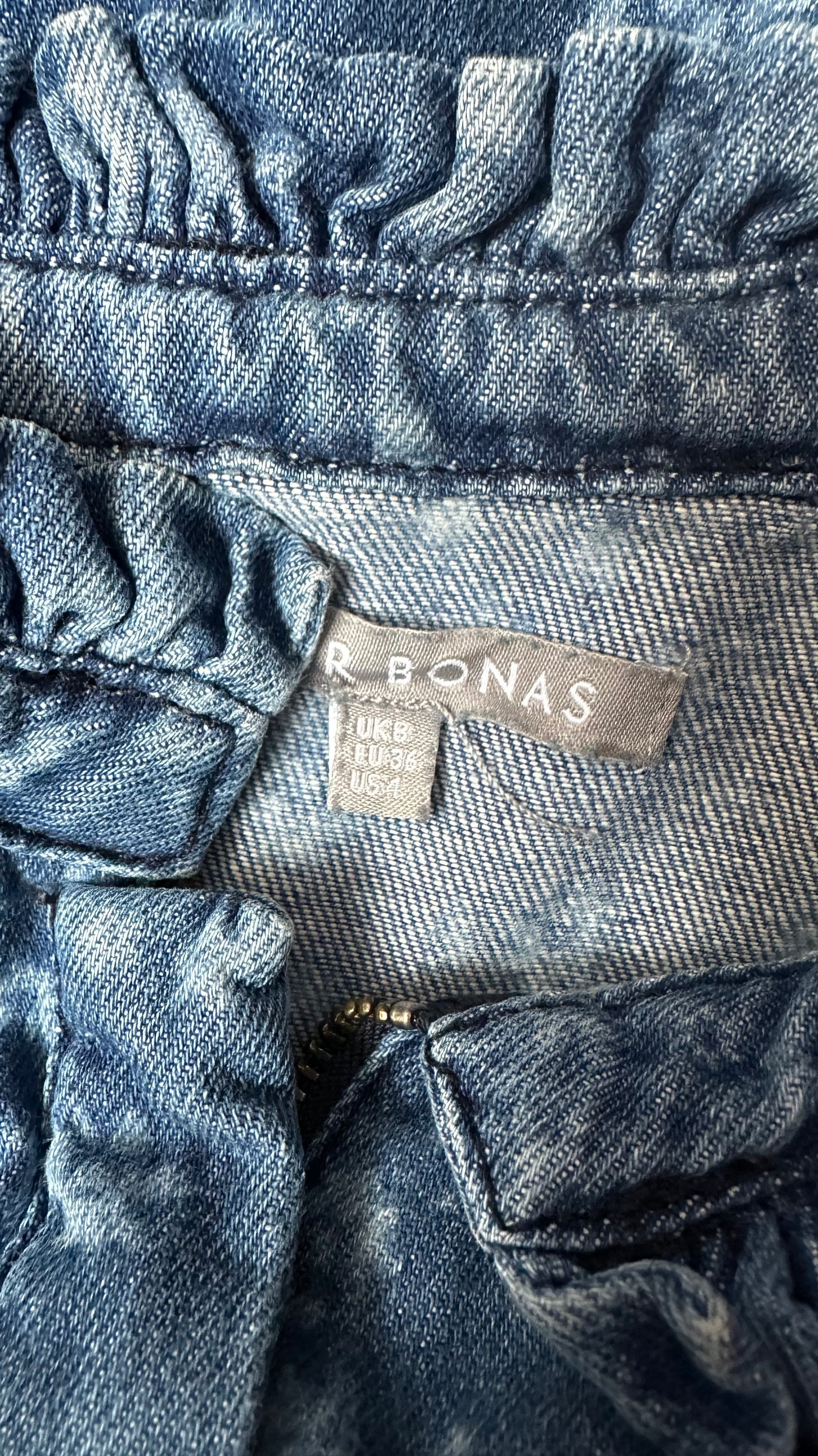 Oliver Bonas blue denim jeans boilersuit jumpsuit floral small UK 8 vgc