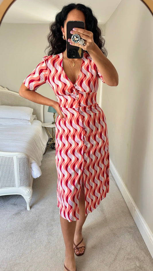 Nobody’s child lilac burgundy wavy button up dress small UK 8 vgc