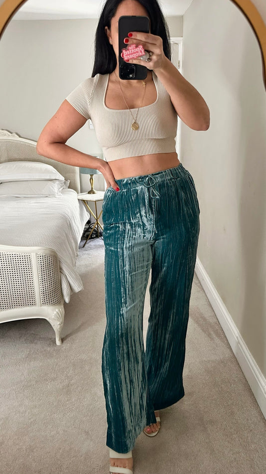 Oliver bonas teal turquoise velvet long line trousers Small S UK 8 excellent used condition