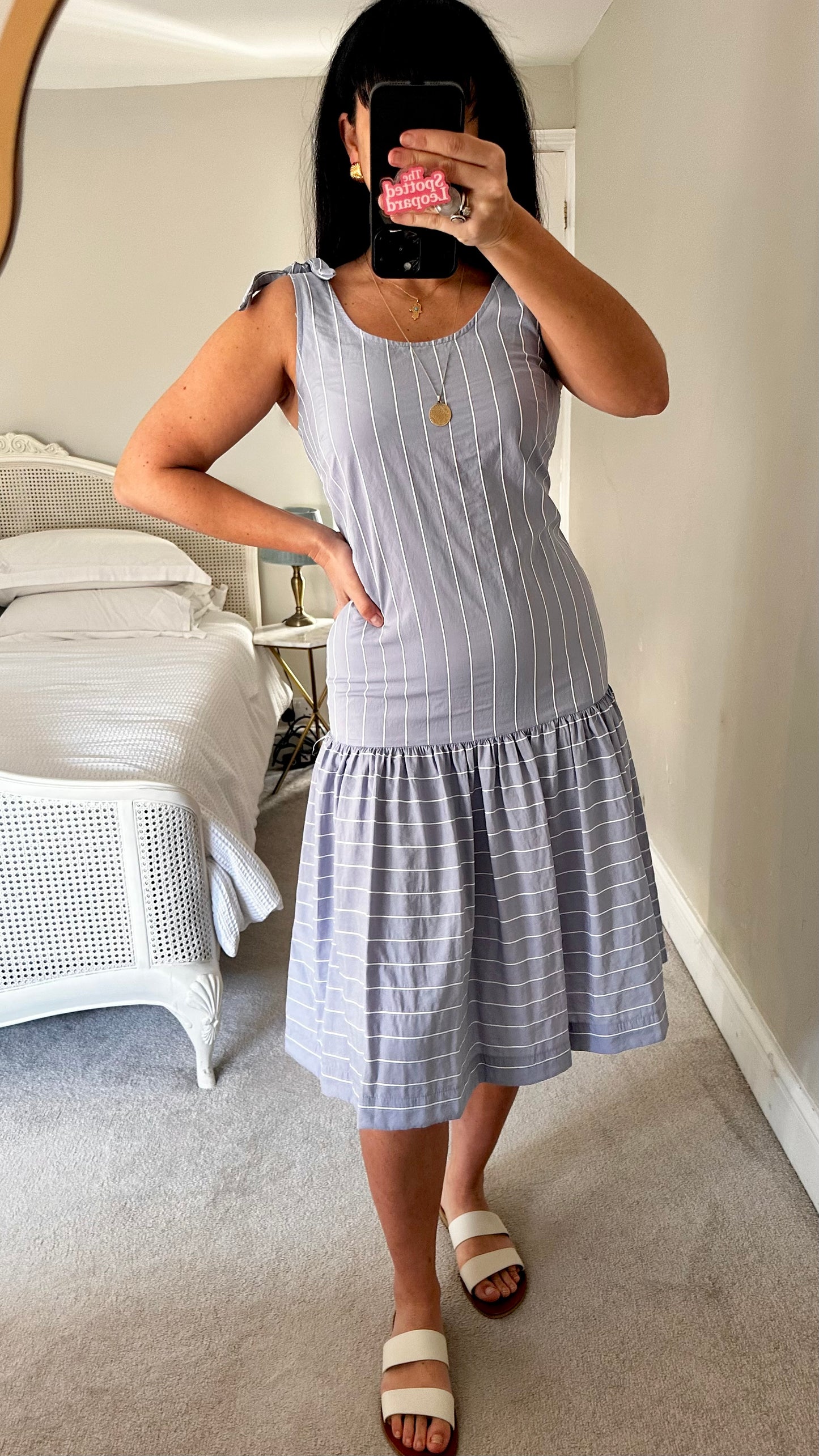 Oliver Bonas light blue white stripe slip midi holiday dress small UK 10 vgc