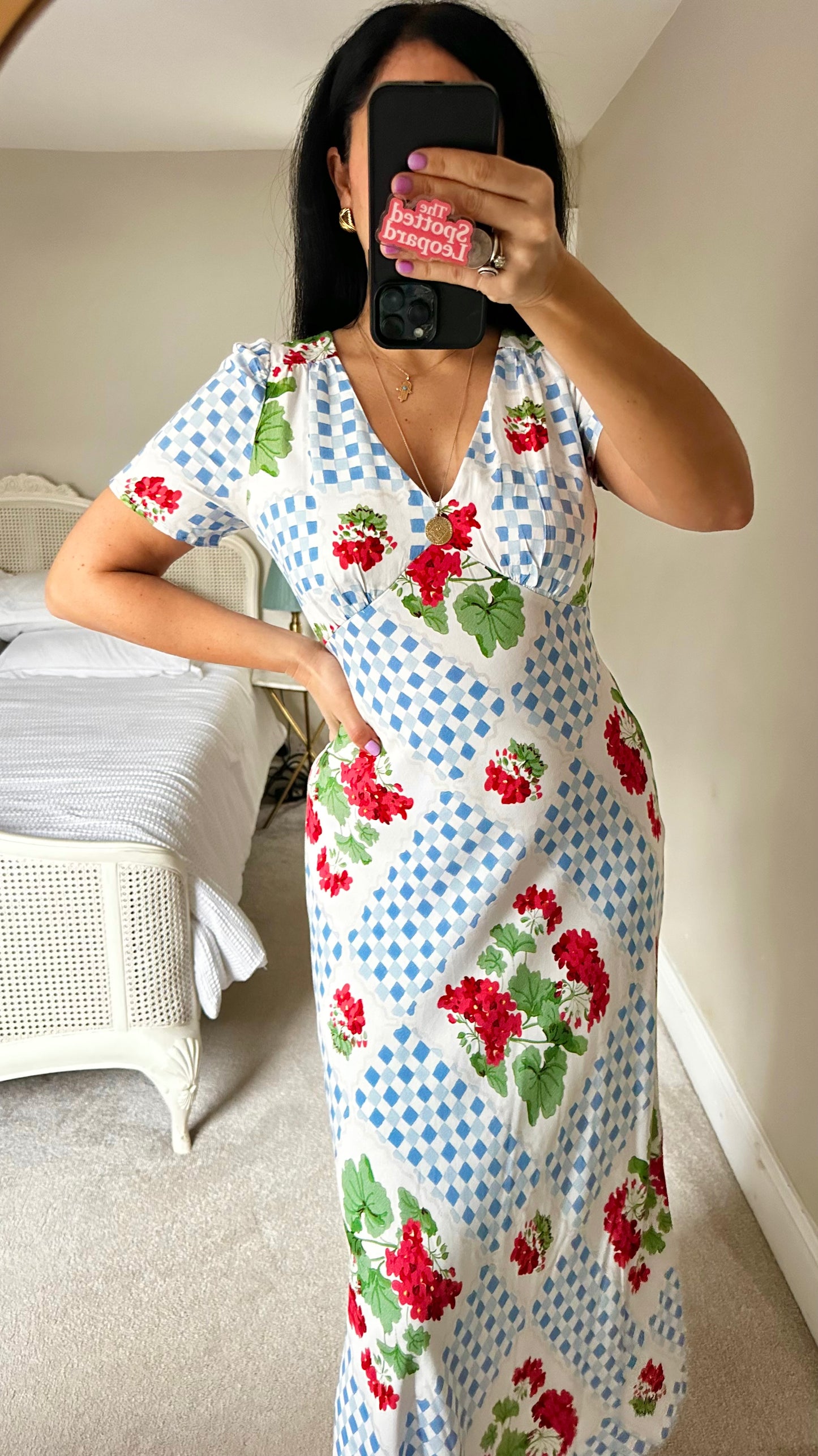 Nobody’s Child light blue white gingham check red floral midi long dress small UK 10 vgc