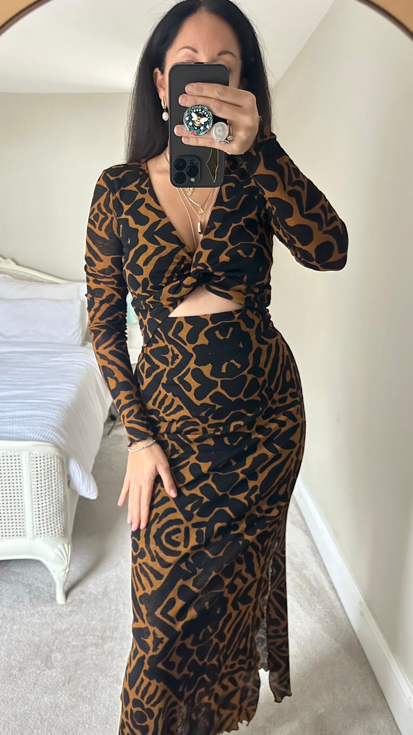 Topshop tall animal print maxi midi dress medium large UK 10-12 black orange yellow mustard vgc