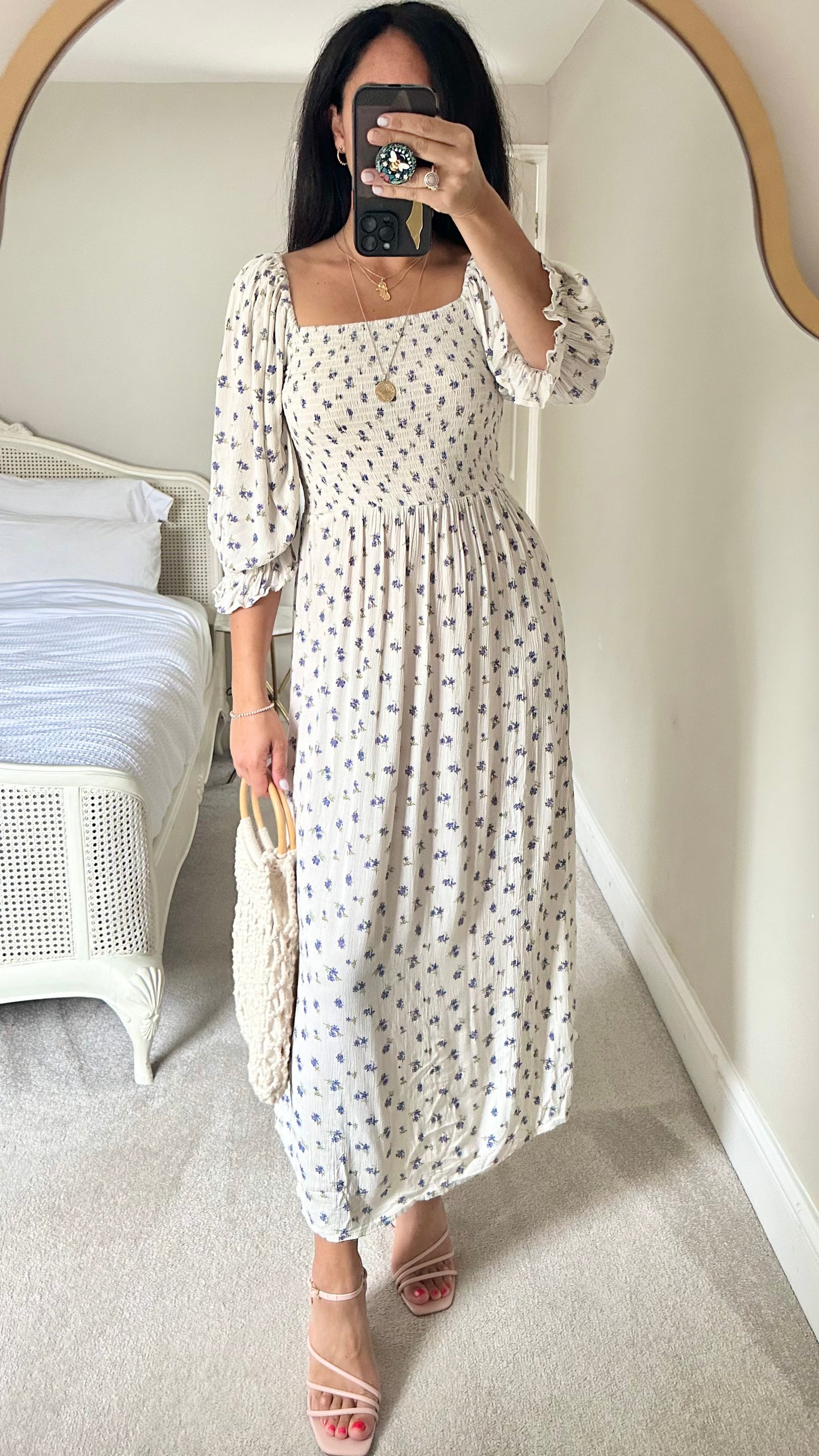 Warehouse white blue floral ditsy midi maxi long dress extra small medium UK 6 12 vgc