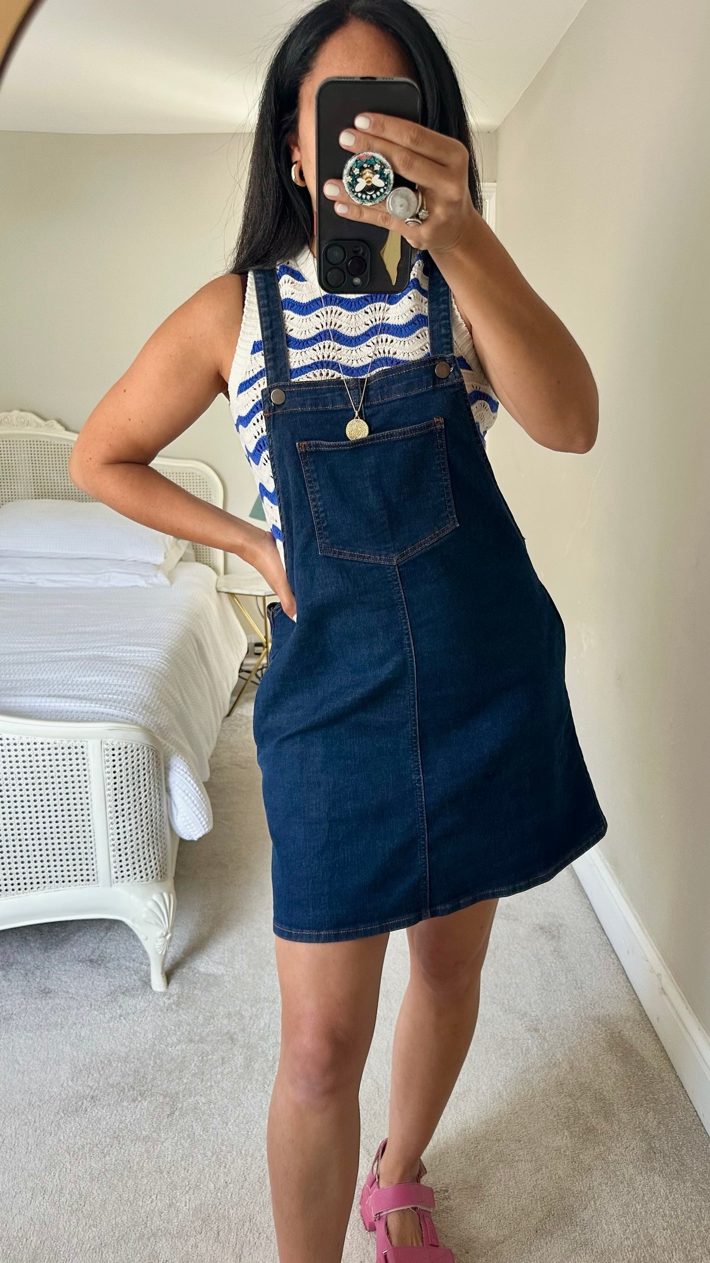 La Redoute navy blue denim dungaree mini dress large L UK 12 vgc