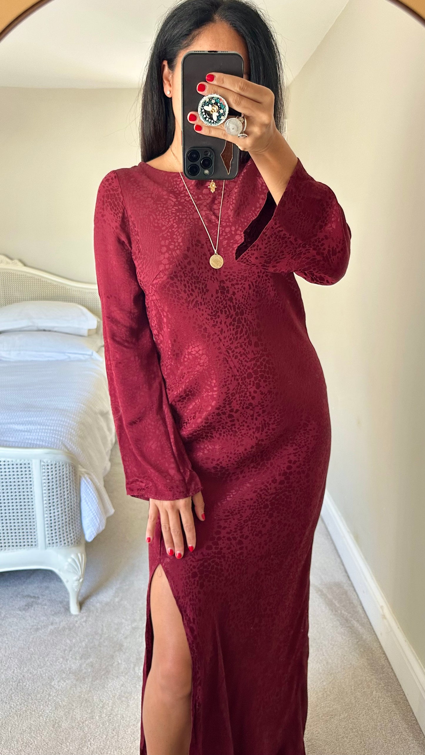 Nobody’s Child burgundy red maxi side split midi long dress event large UK 12 vgc w25