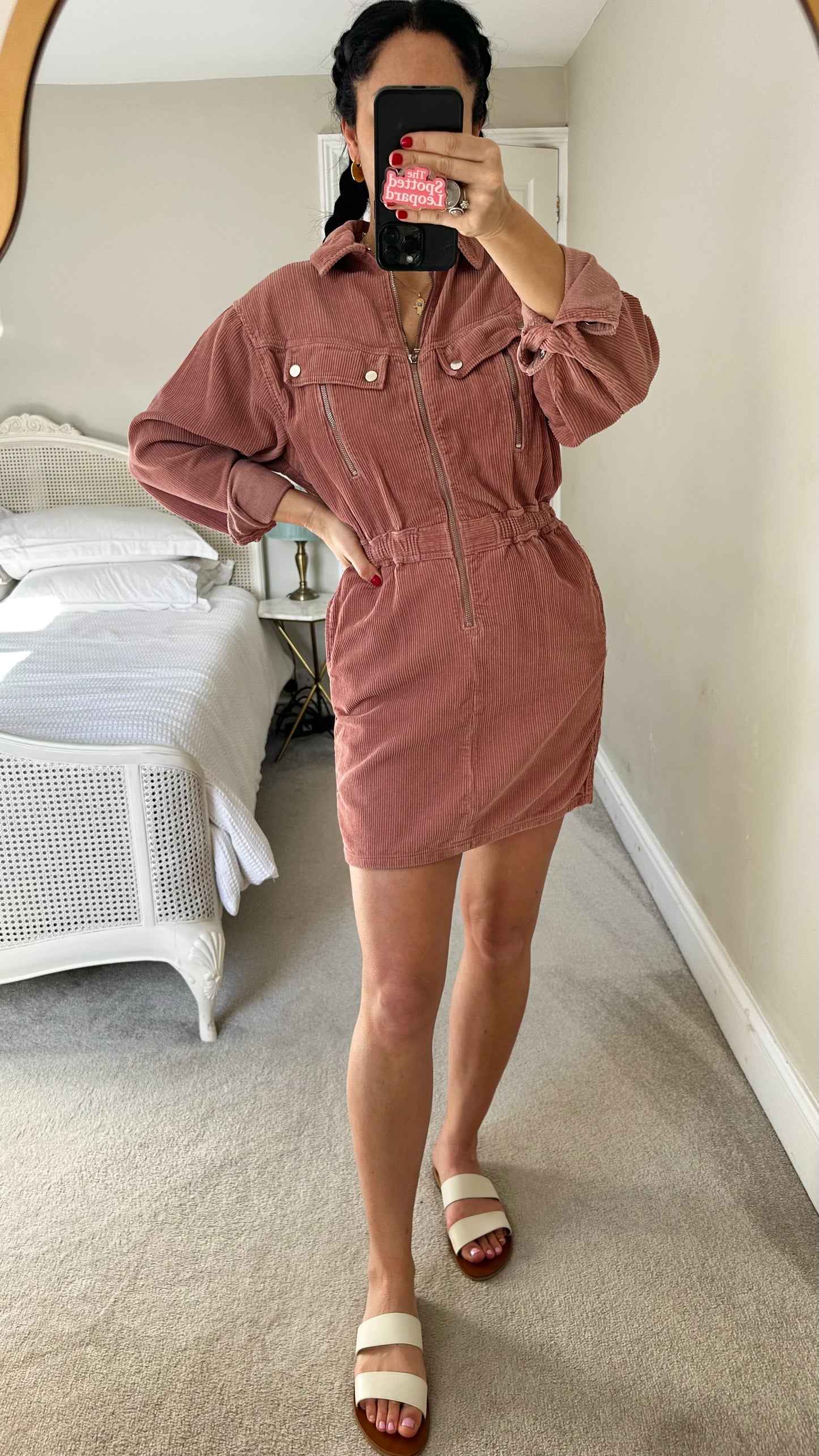 Topshop dusky pink corduroy zip up mini dress casual small UK 8 vgc