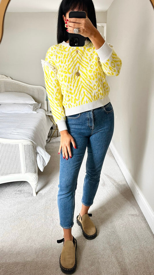 Hush white yellow knitted mohair blend jumper extra small UK 6-8 vgc