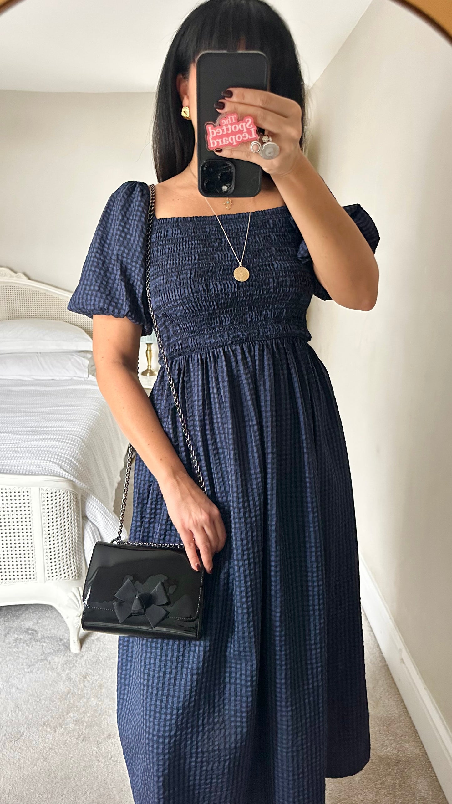 Never Fully Dressed navy blue black gingham shirred bust dress extra large UK 14-16 vgc