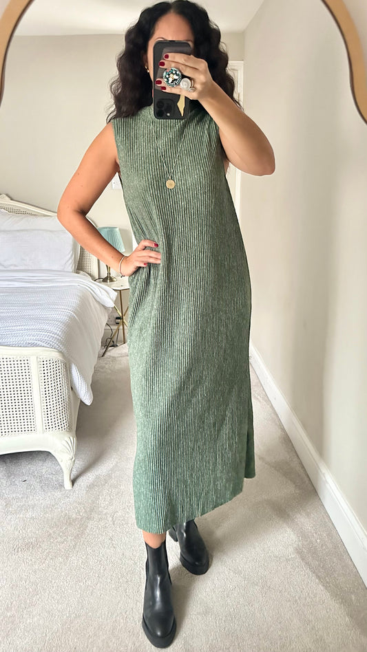 Zara olive green ribbed midi maxi dress small UK 8 10 vgc