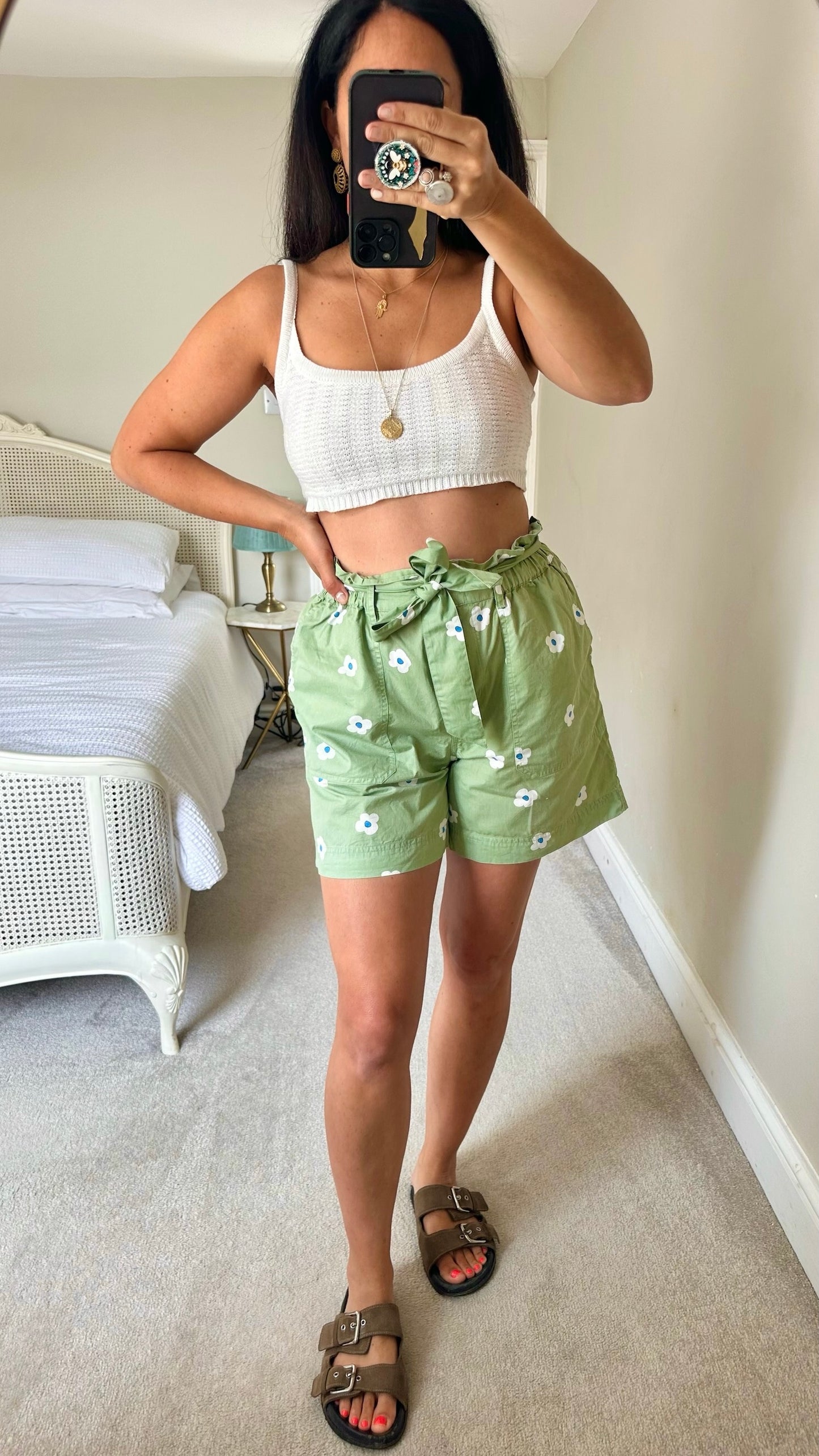 La Redoute olive green daisy print paper bag shorts medium UK 12-14 vgc