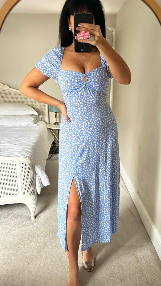 & other stories light blue white floral side split wedding guest dress small UK 8 14 vgc
