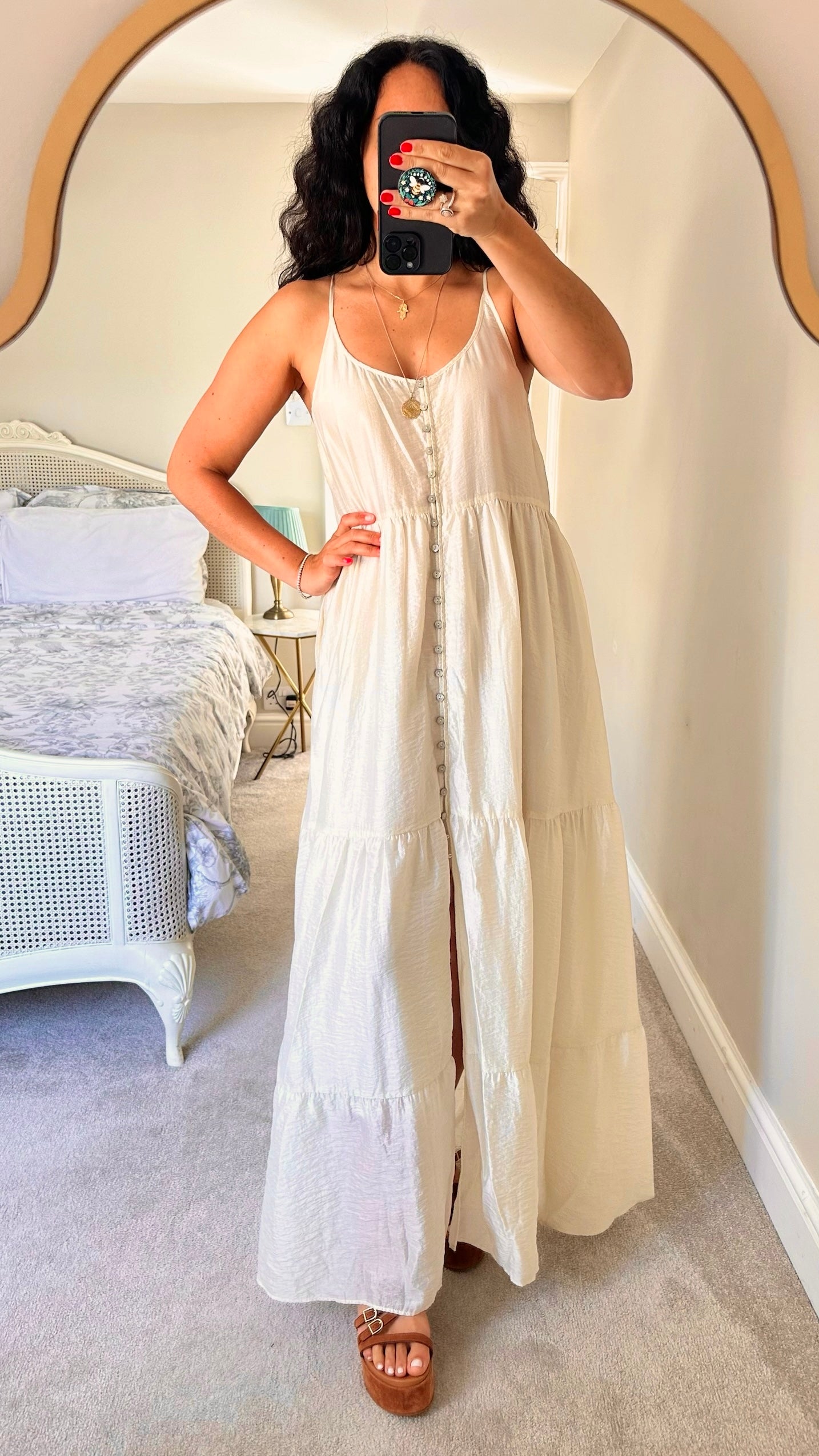 & Other stories pearlescent oyster cream shimmer button up evening boho maxi dress extra large XL UK 14