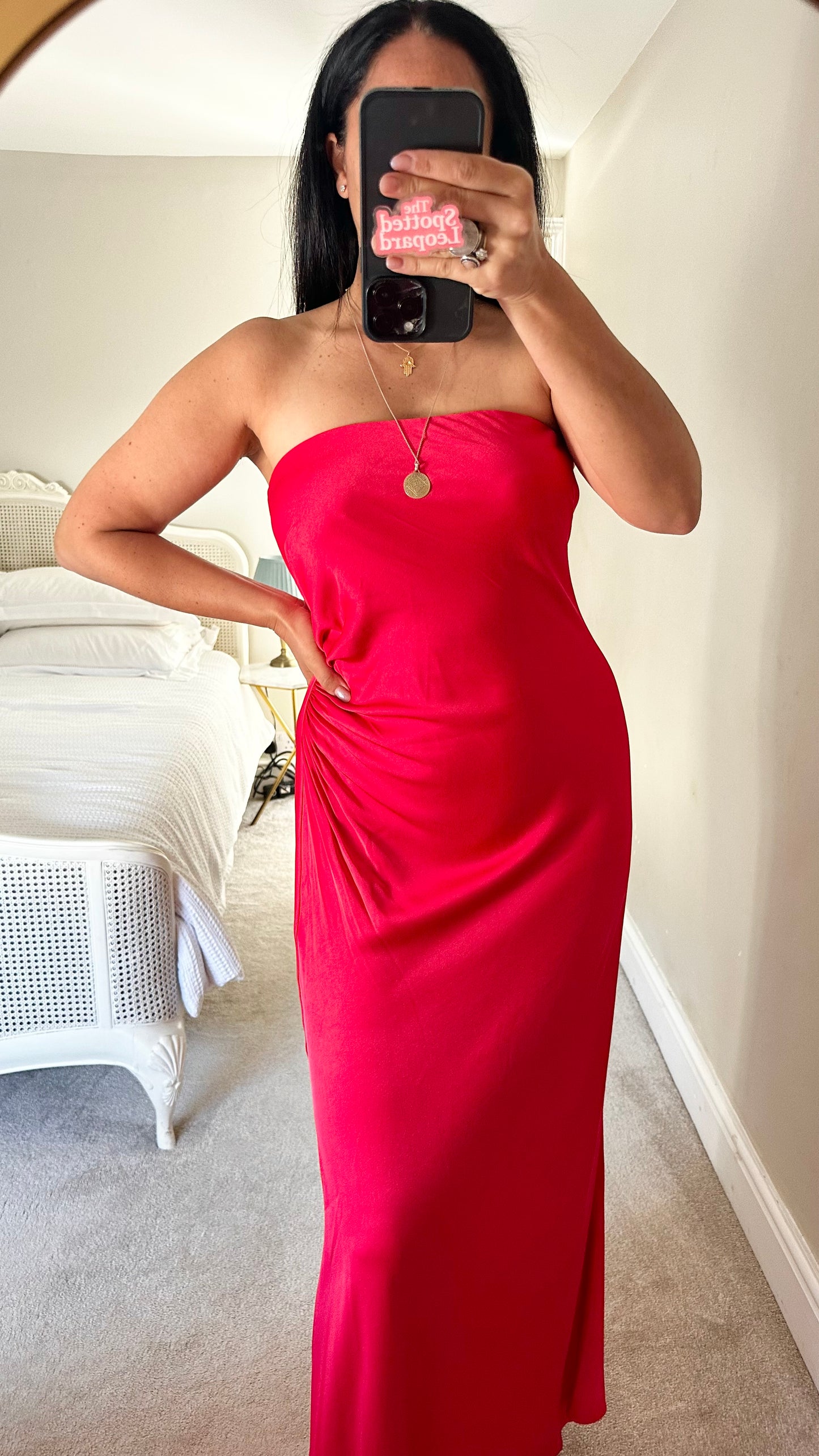 Forever New red coral pink strapless midi long dress wedding guest medium UK 14 vgc