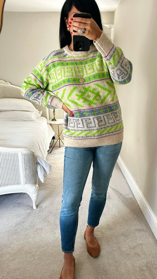 FRNCH lime green lilac aztec knitted jumper large UK 12 vgc