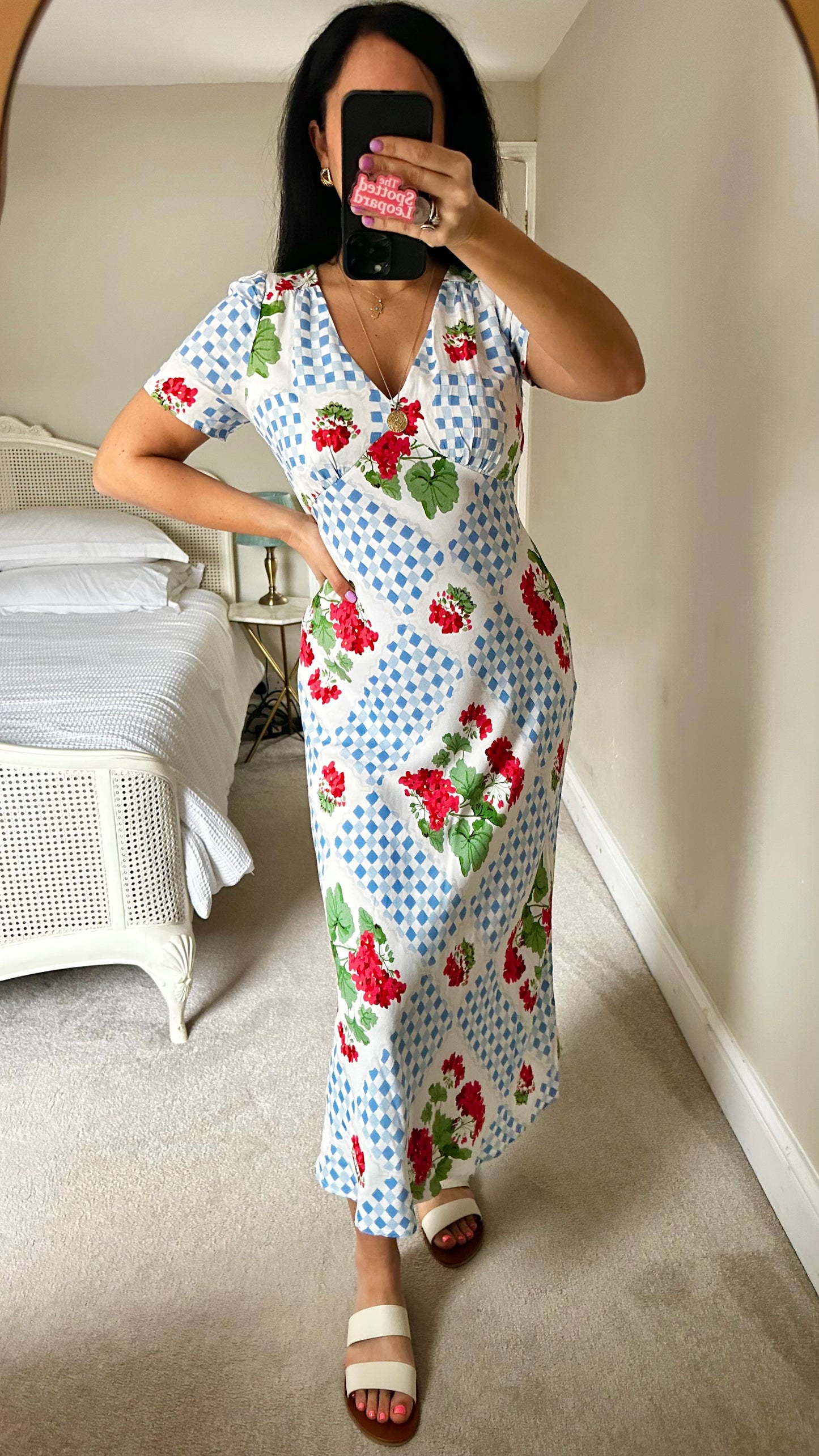 Nobody’s Child light blue white gingham check red floral midi long dress small UK 10 vgc