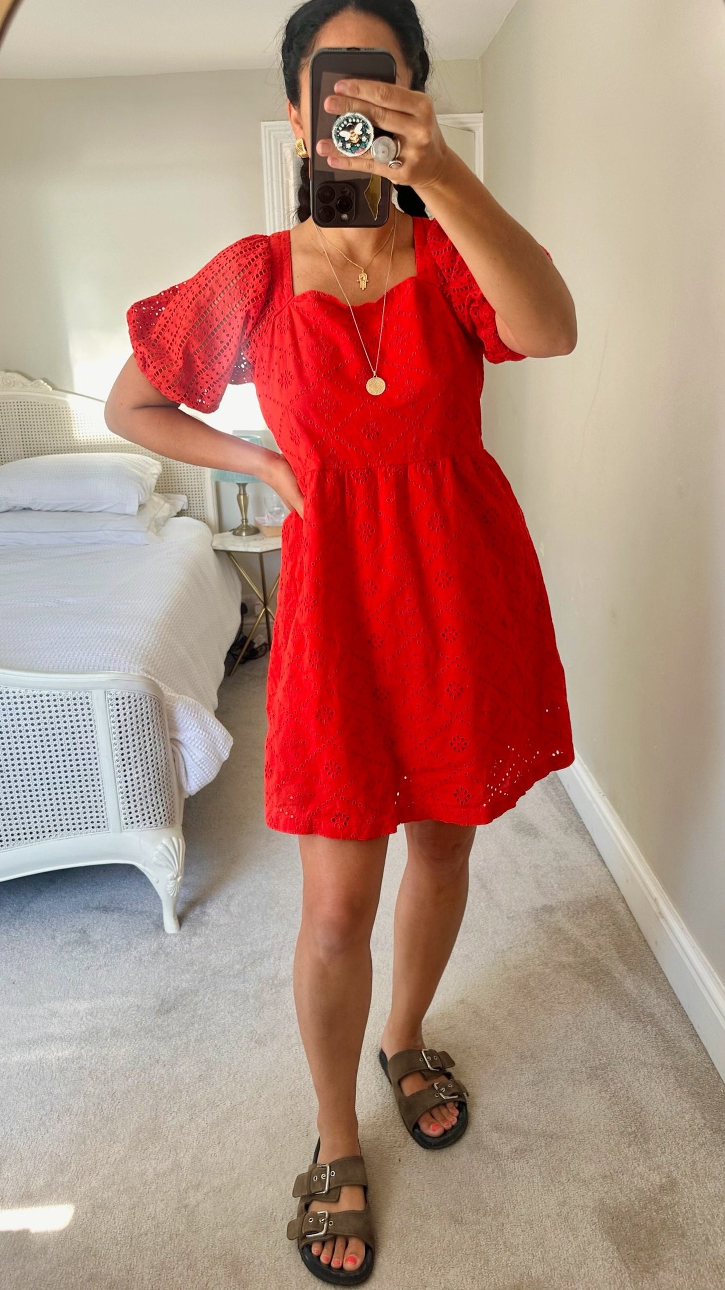 Oliver bonas bright red orange broderie anglaise holiday mini dress small UK 10 vgc