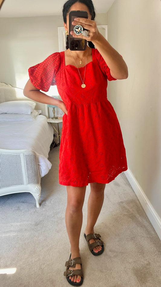 Oliver bonas bright red orange broderie anglaise holiday mini dress small UK 10 vgc