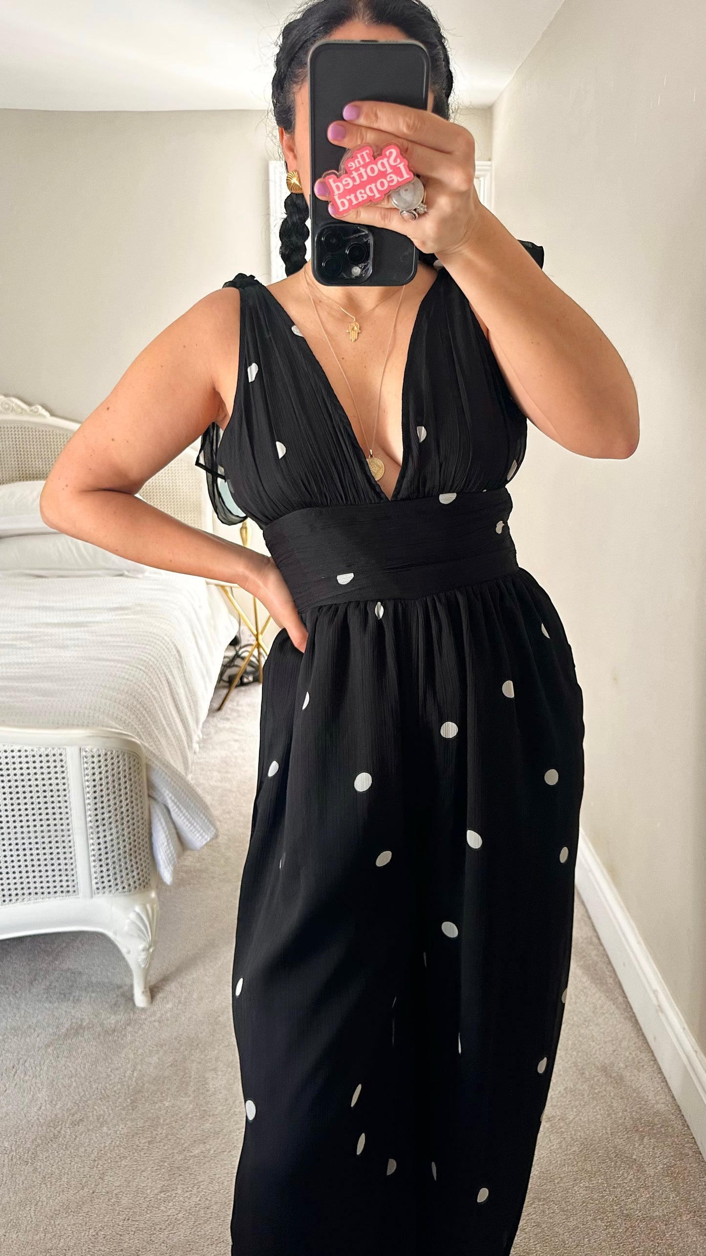 ASOS black white polka dot plunge jumpsuit event eveningwear UK 10 vgc
