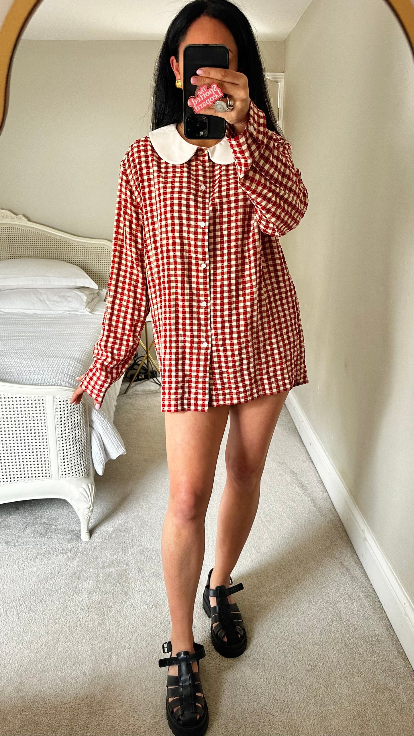 Sister Jane red cream gingham check button up shirt dress petite mini medium UK 12
