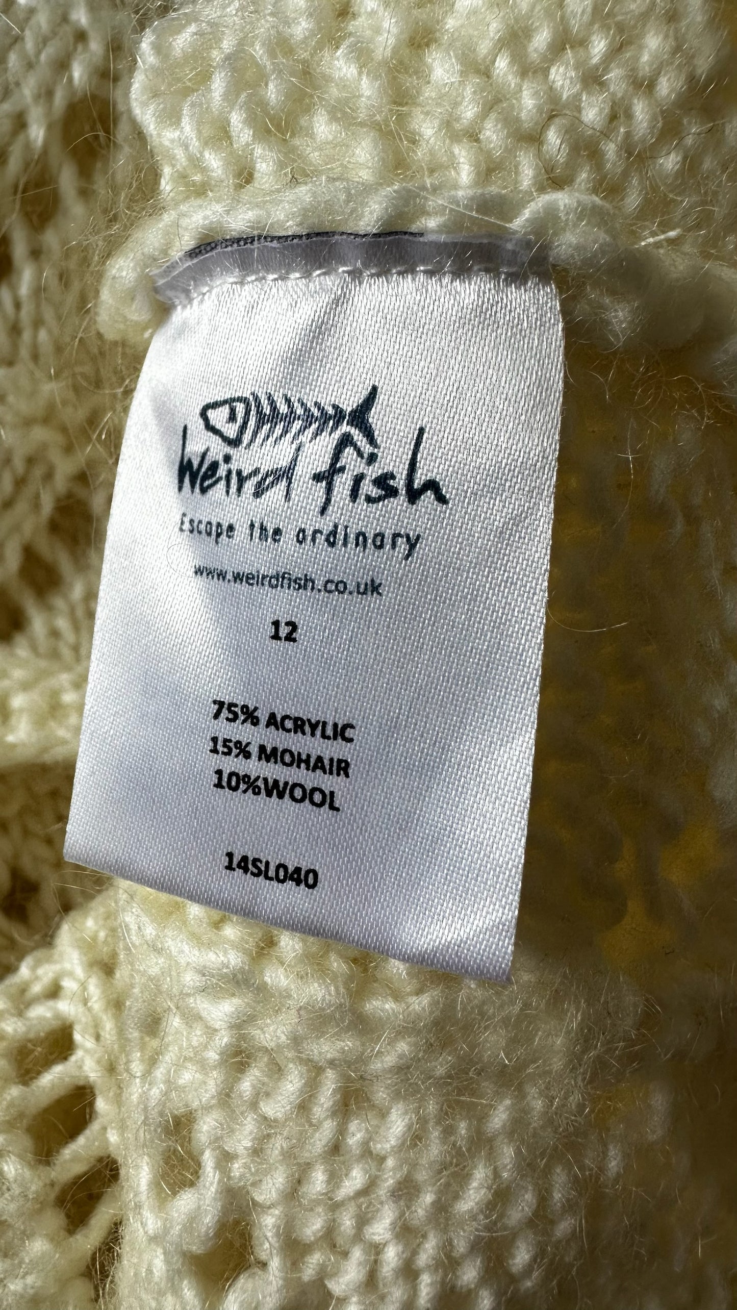 Weird fish cream white mohair wool blend crochet knit jumper UK 12 vgc XMS25