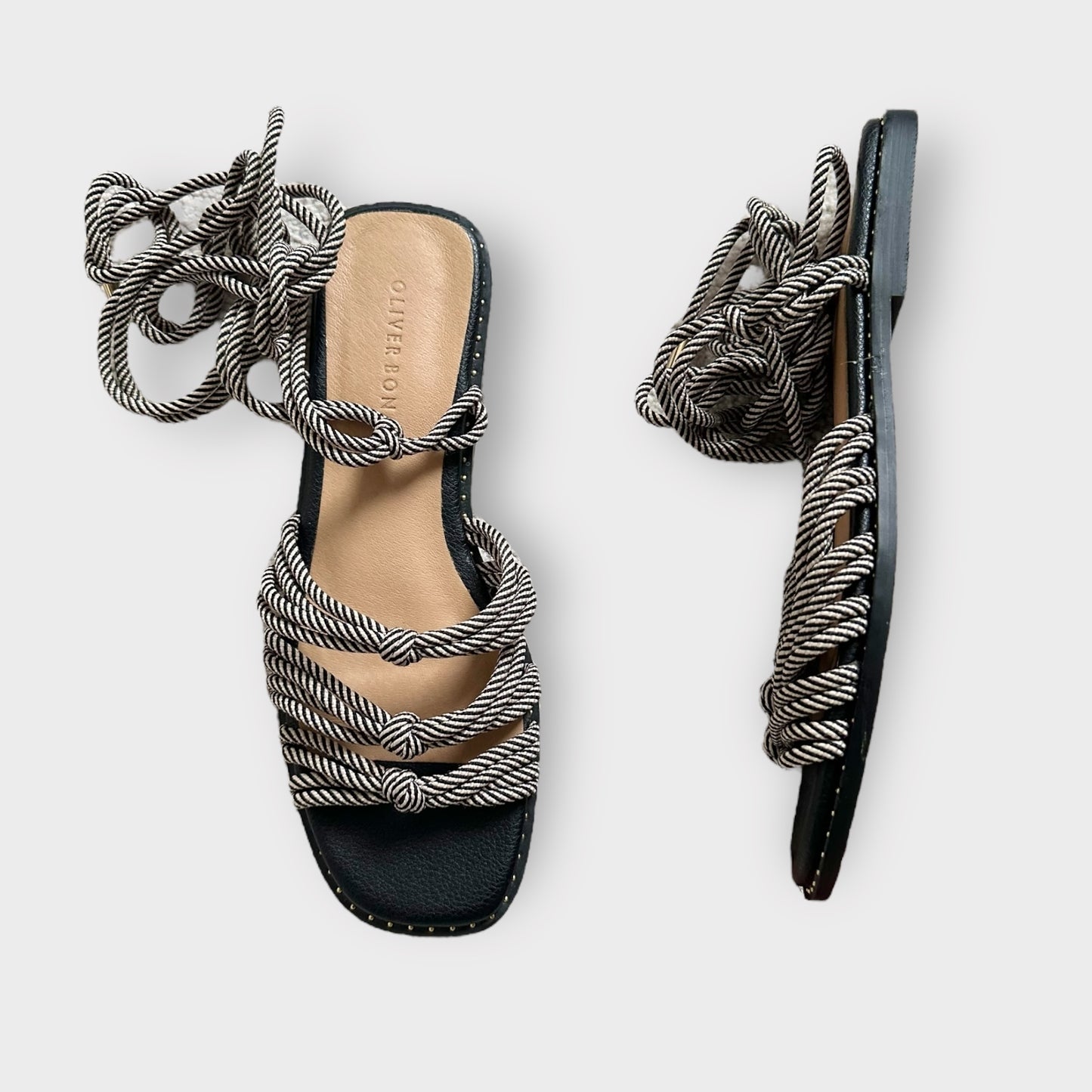 Oliver Bonas black white stripe knotted lace up sandals flipflops new EU 38 UK 5