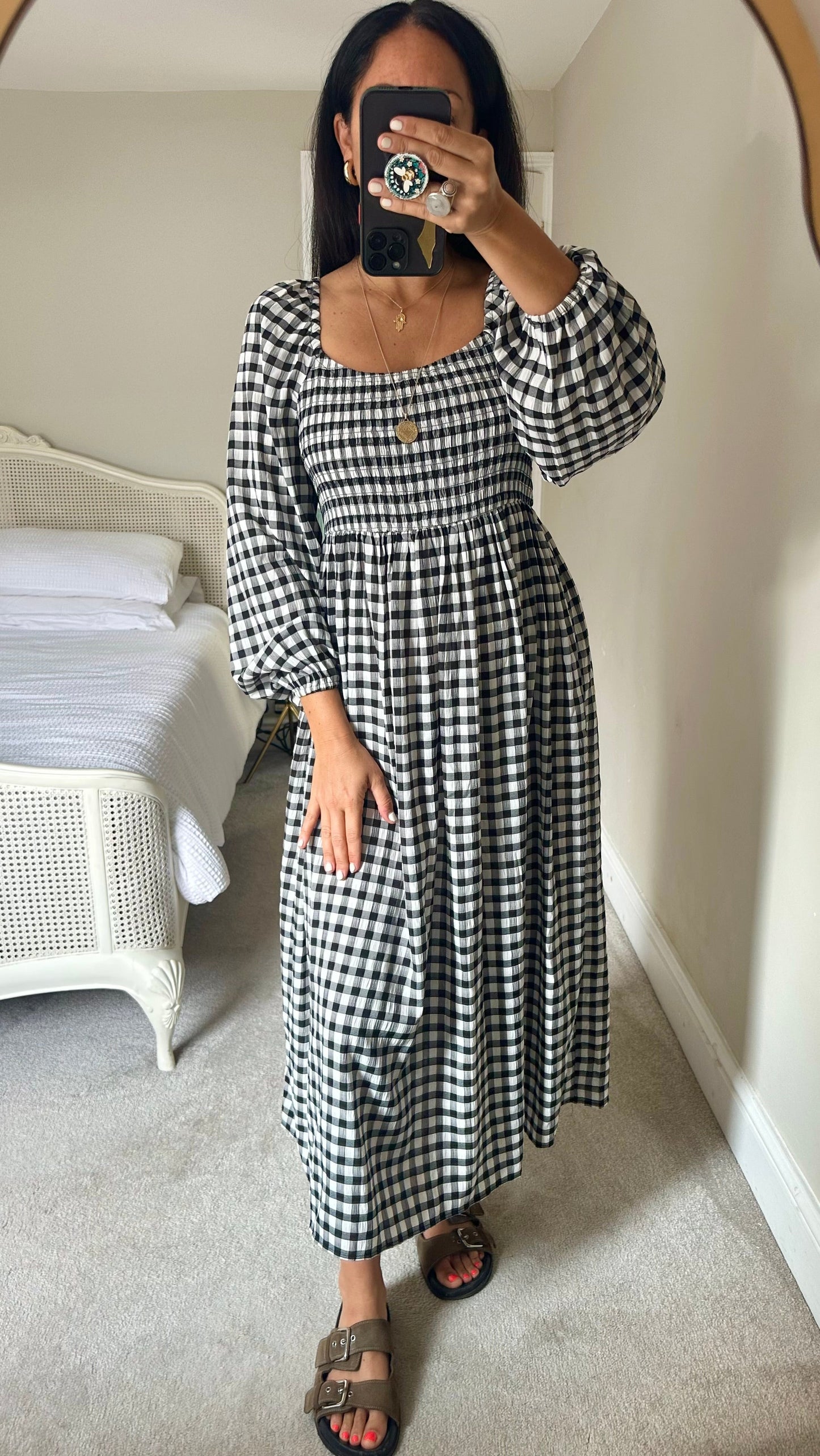 Mint Velvet black cream white gingham check midi long dress small UK 10-12