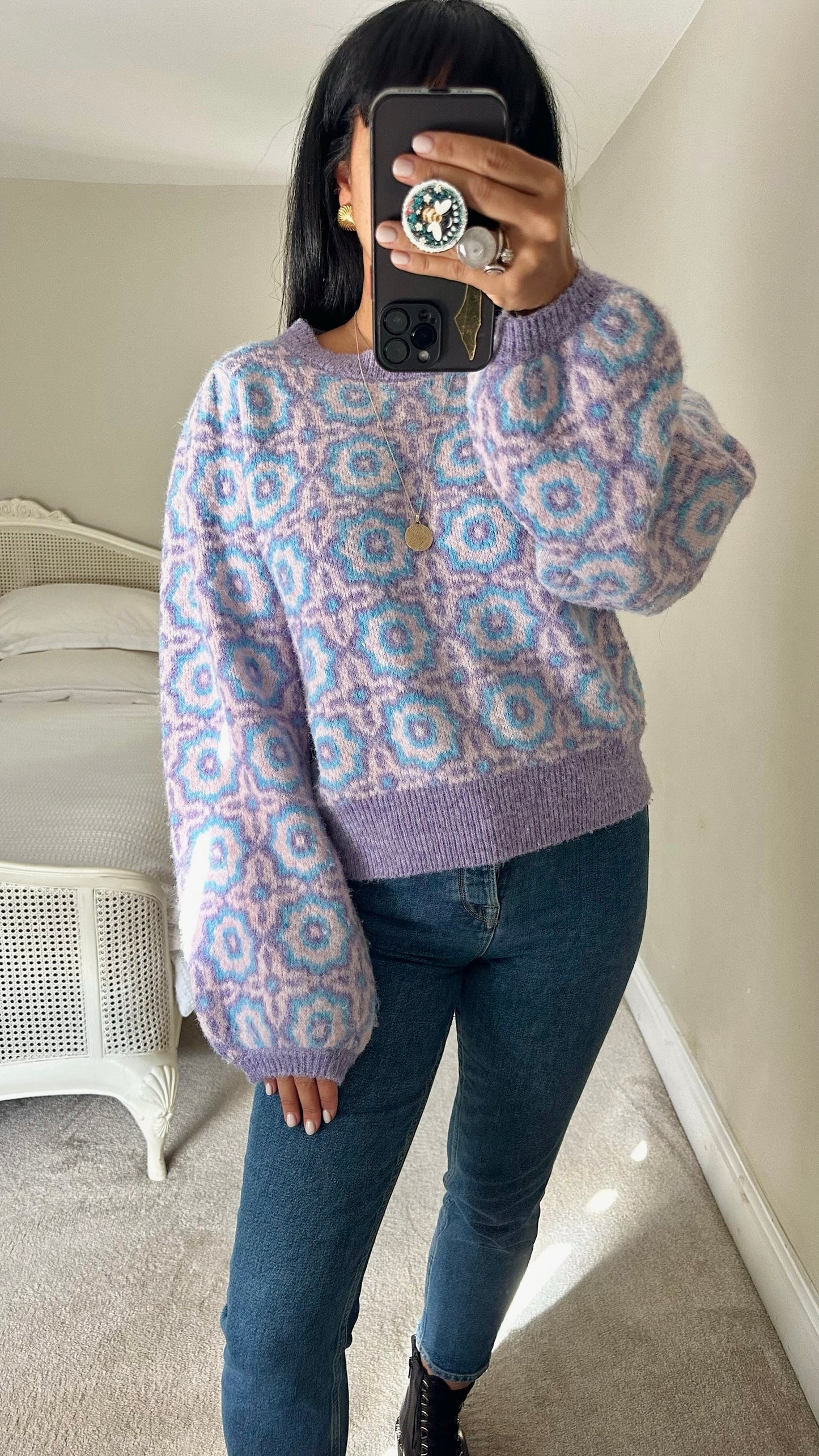Oliver bonas lilac blue abstract floral printed knitted jumper extra large XL UK 14