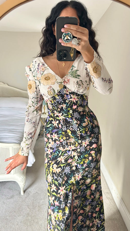 Never Fully Dressed black cream lilac floral maxi event dress small UK 10 vgc