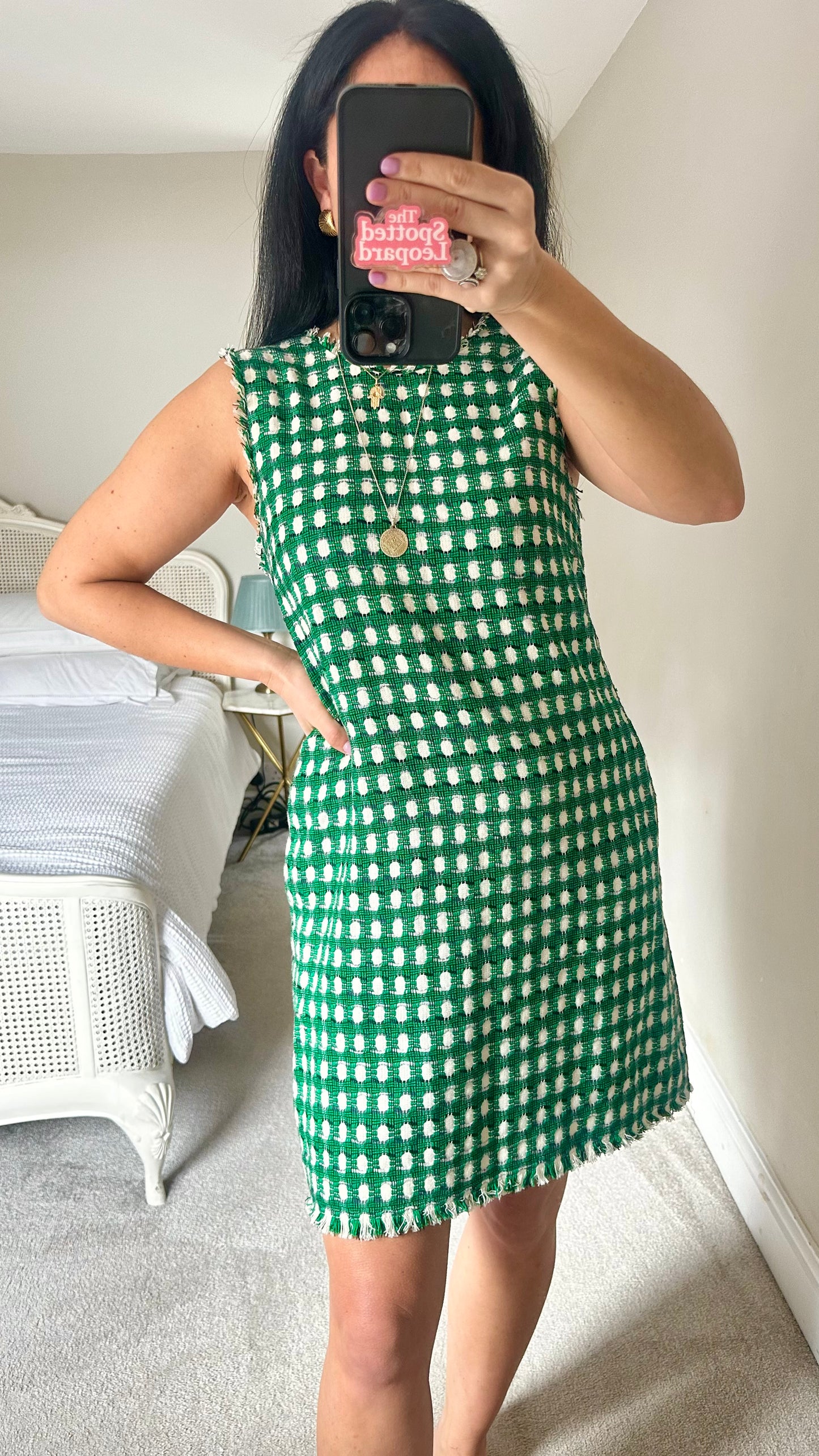 LK Bennett Green white check gingham mid length dress medium UK 12 vgc