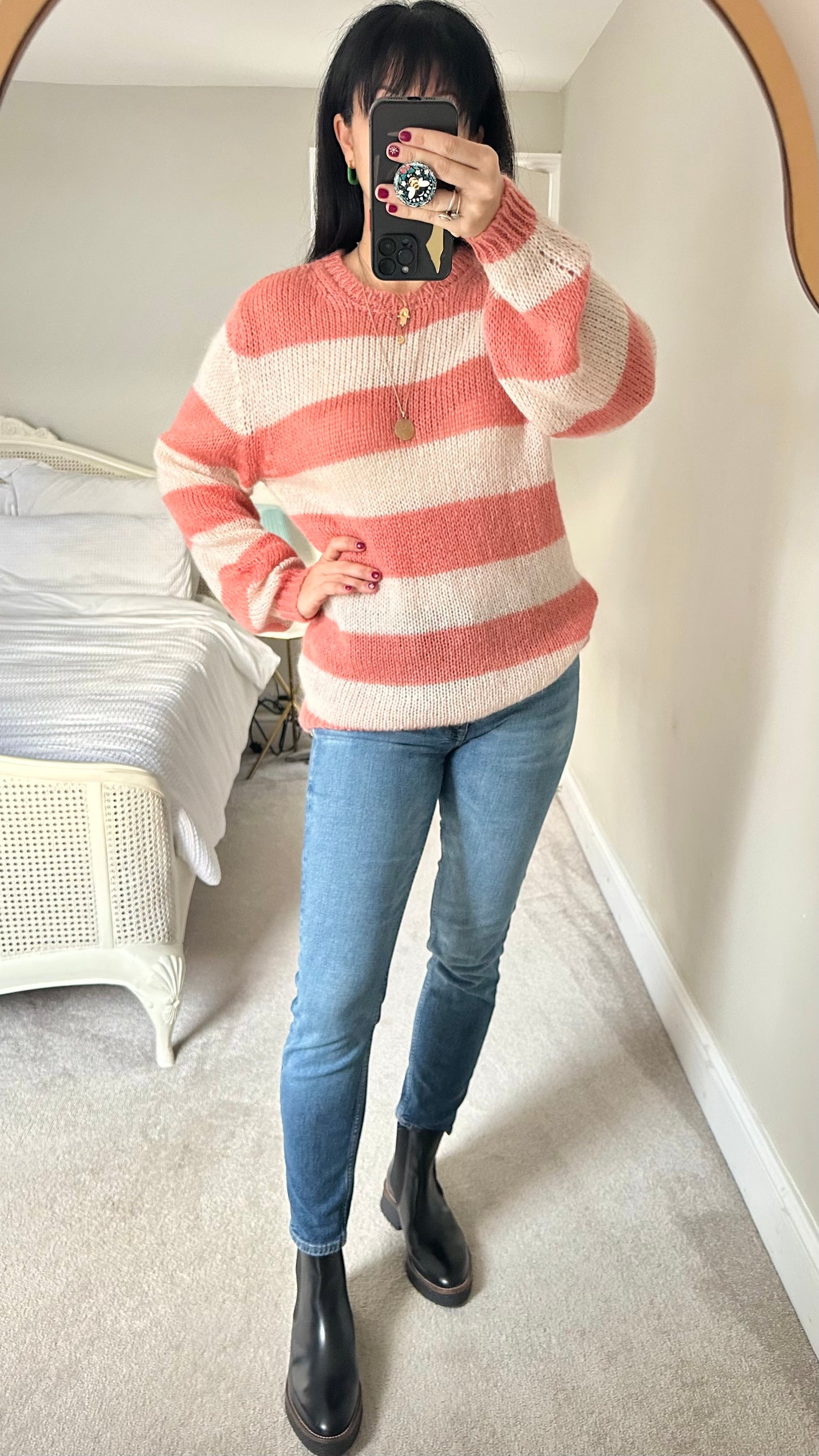 SPAKZ Copenhagen rose pink cream knitted stripe jumper mohair blend medium large UK 12