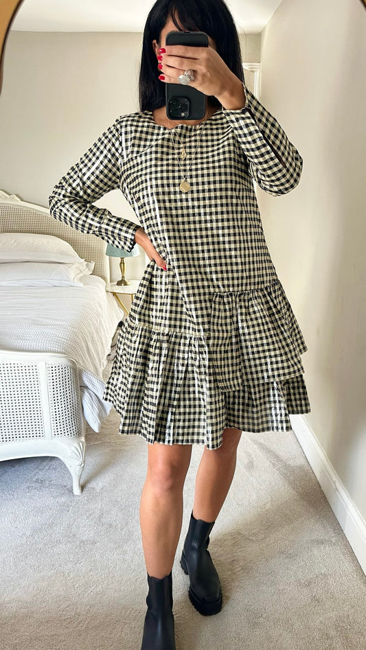 Just @ Anthropologie shimmer black cream gingham event dress small UK 8-10 vgc
