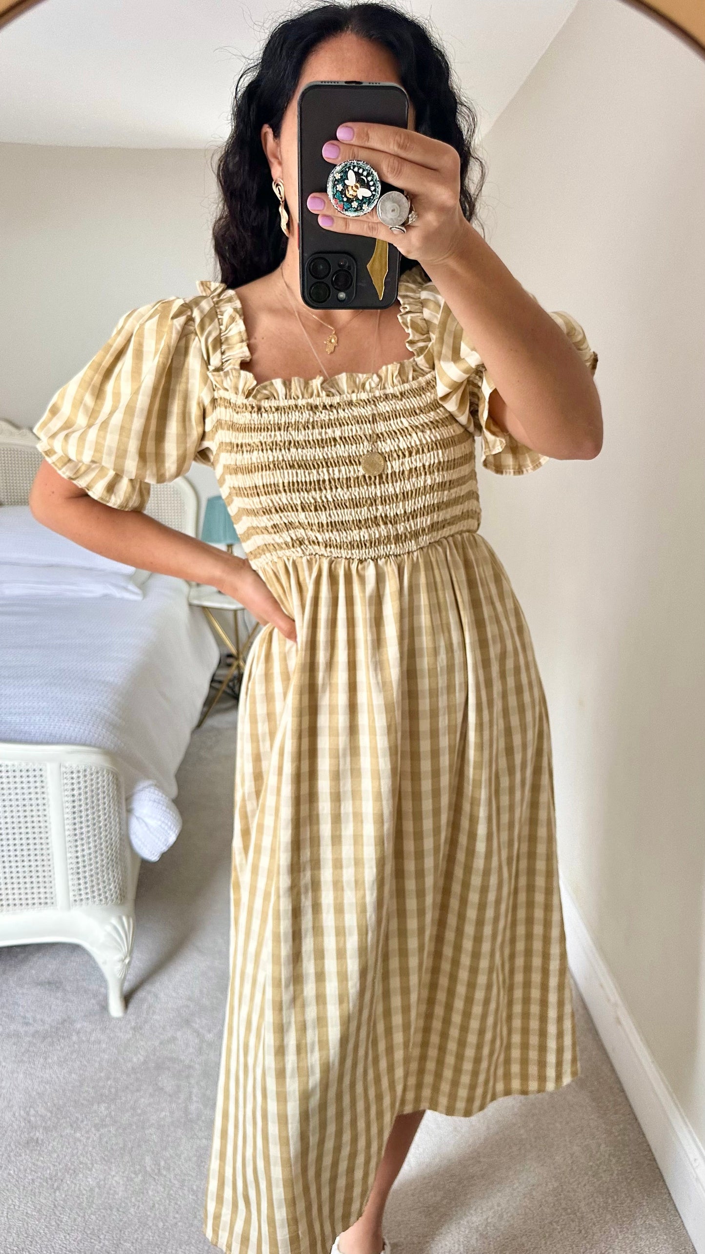 Warehouse cream taupe beige gingham check midi long dress small UK 10