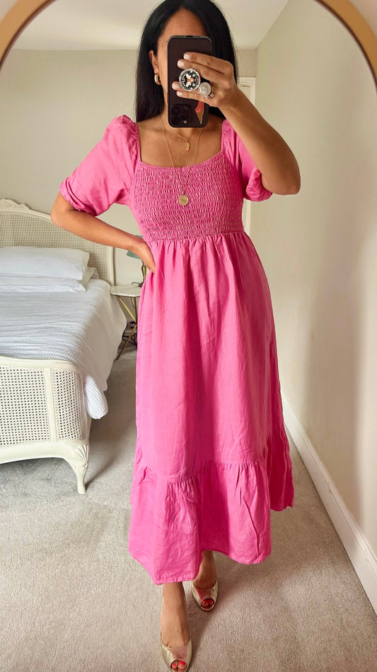 Mint Velvet pink shirred bust pure linen dress large UK 10 vgc