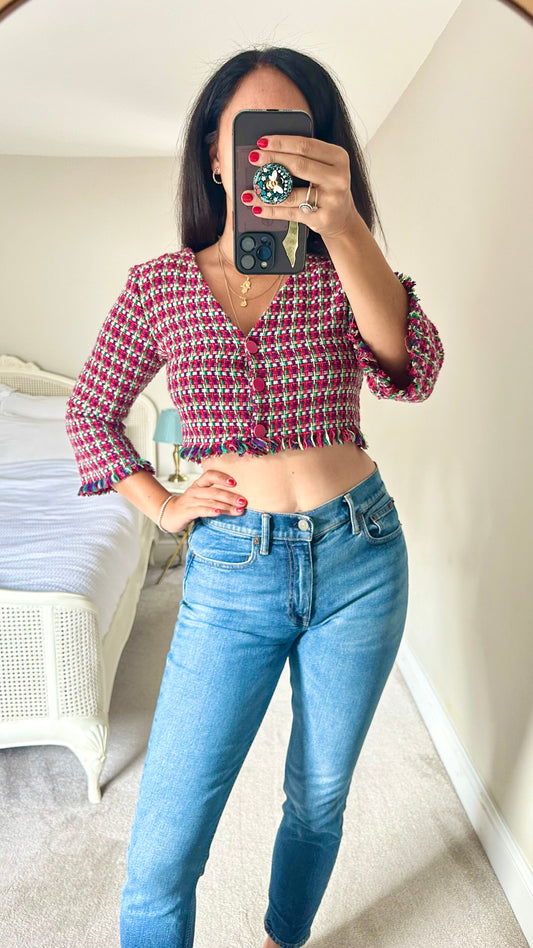 Zara red pink green multicoloured tweed button up crop top small UK 8-10 vgc