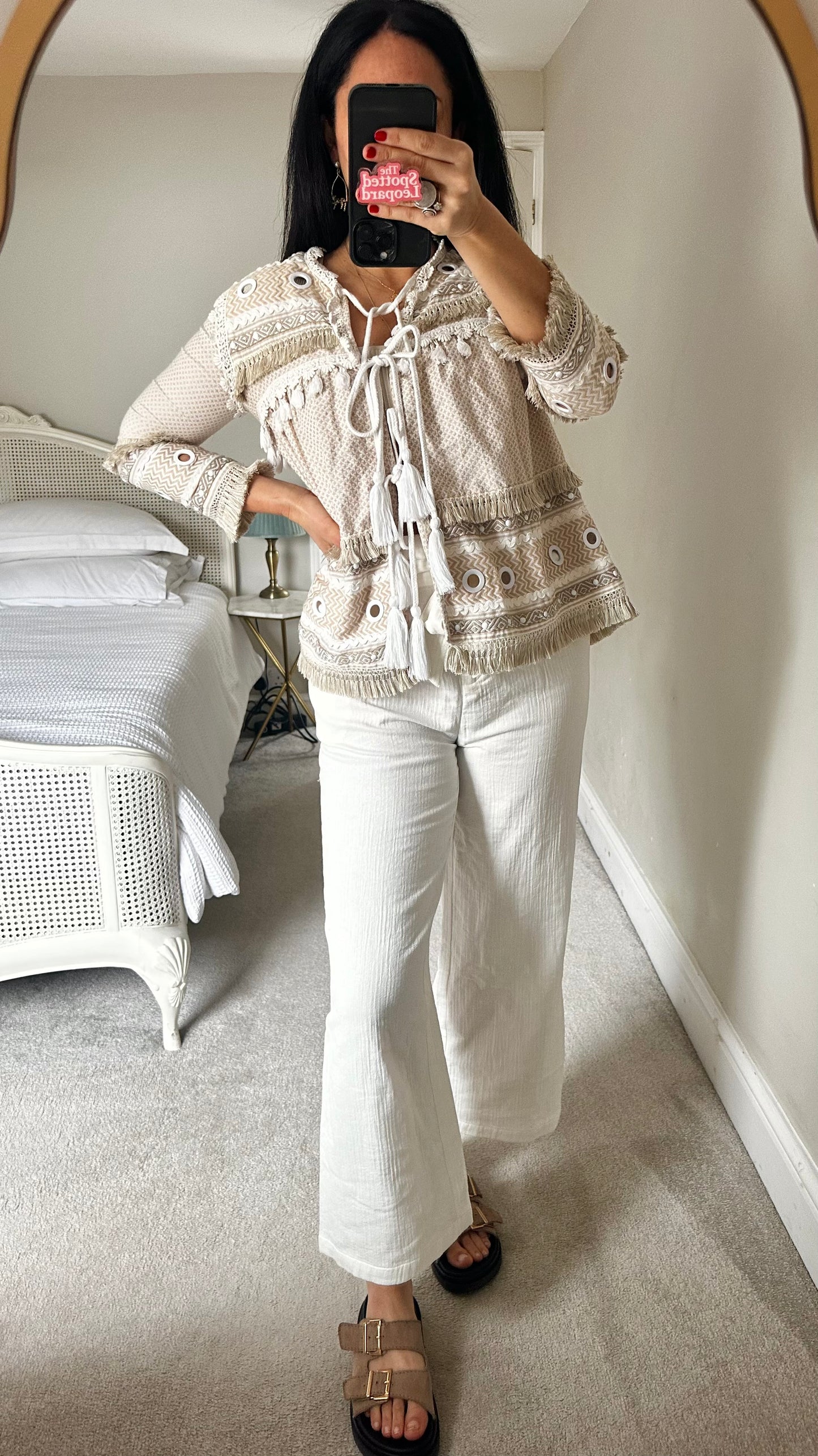 Dodo Baror beige cream white tassel co ord two piece suit boho holiday shorts small UK 8 vgc