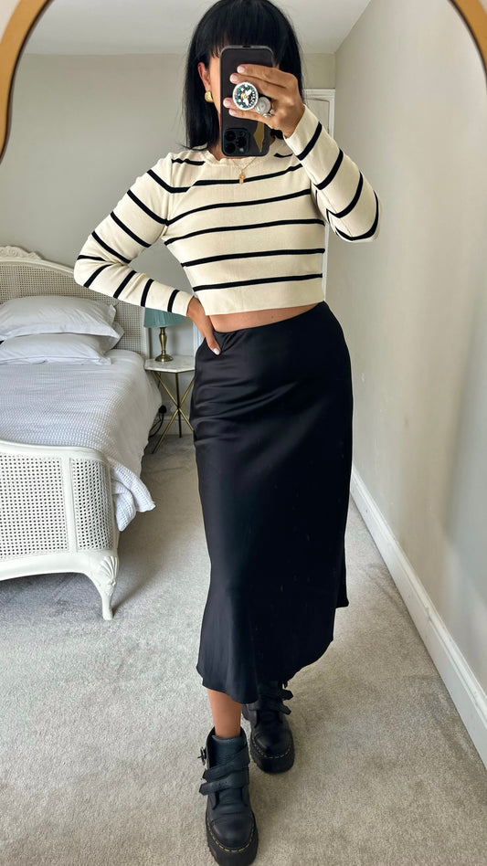Selected femme @Anthropologie black satin midi skirt medium M UK 10-12 excellent used condition