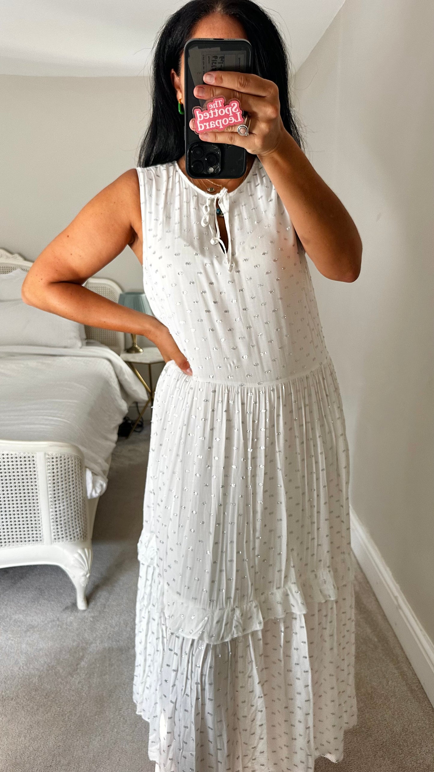 Oliver Bonas white silver polka midi long dress medium UK 12-14 vgc holiday