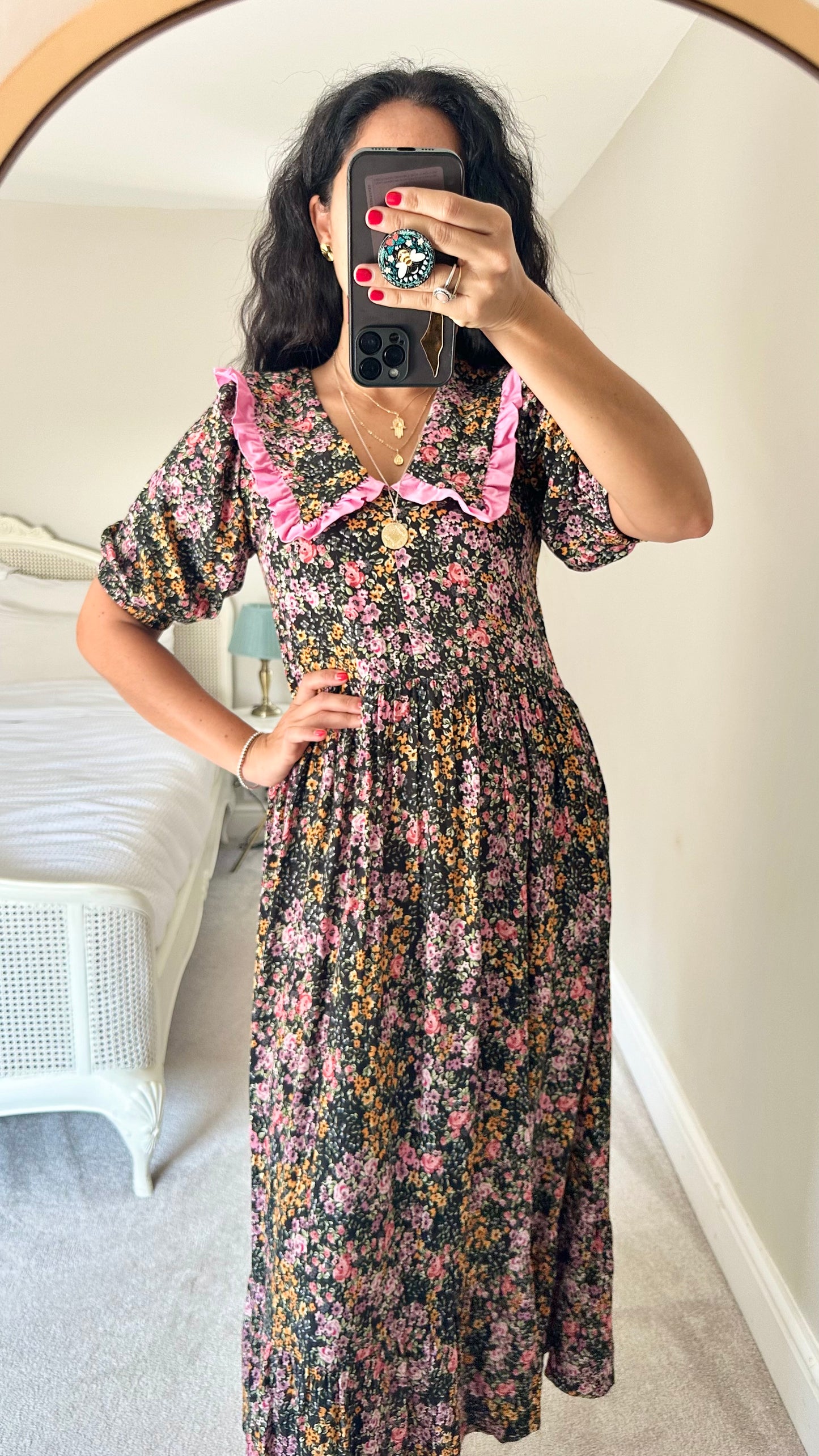 Molby the Label pink black floral oversized collared maxi midi dress medium UK 10 vgc