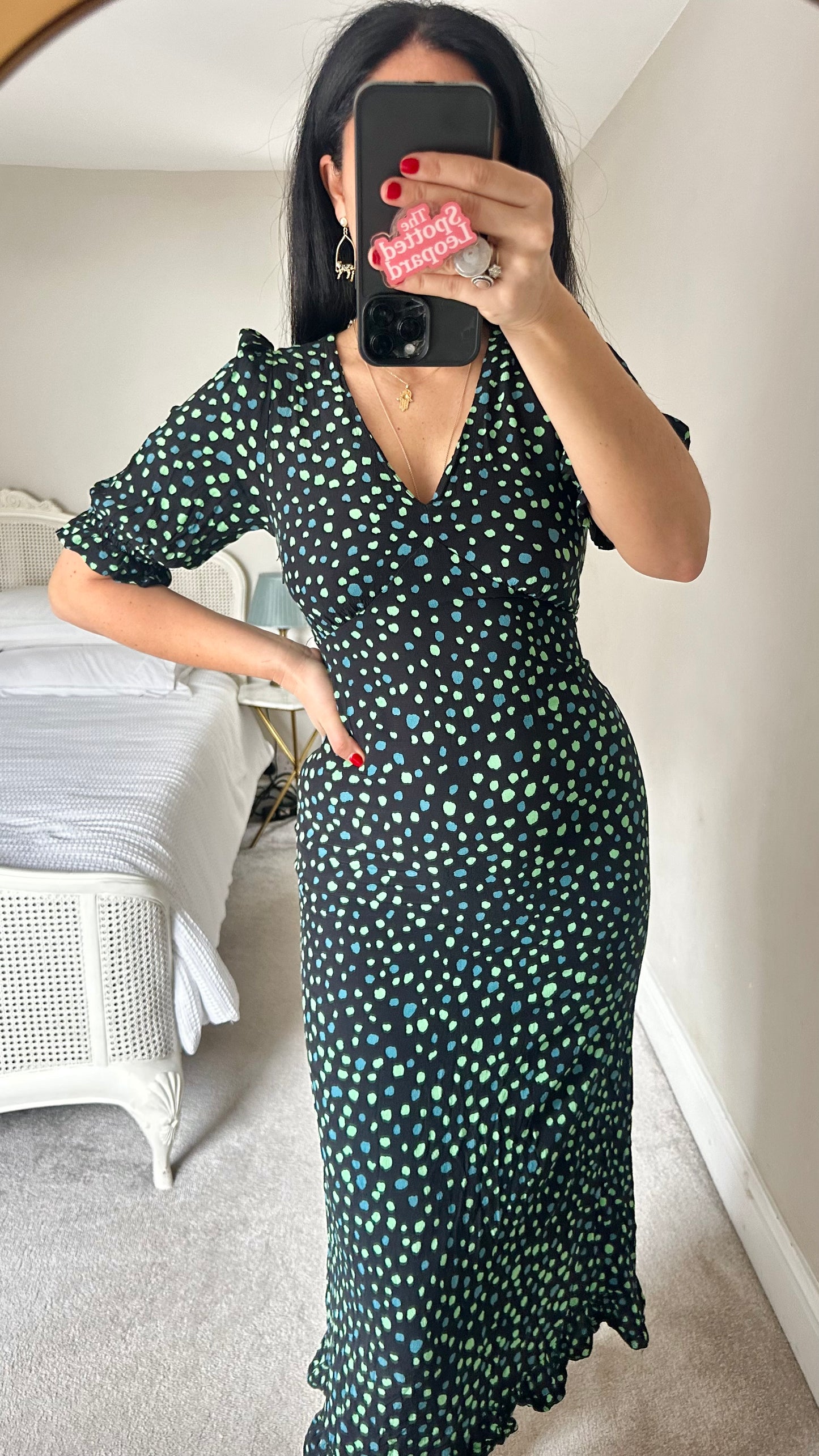 Nobody’s Child black green blue polka dot midi dress extra small UK 6 vgc